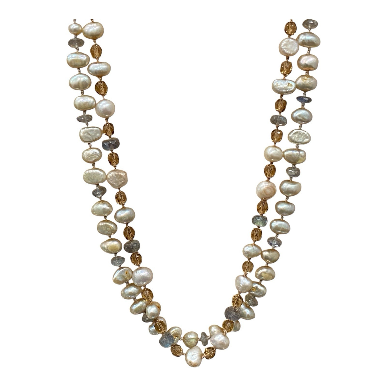 Vintage Artisan Pearl Citrine Multi Strand Necklace Sterling Silver Spiral Clasp