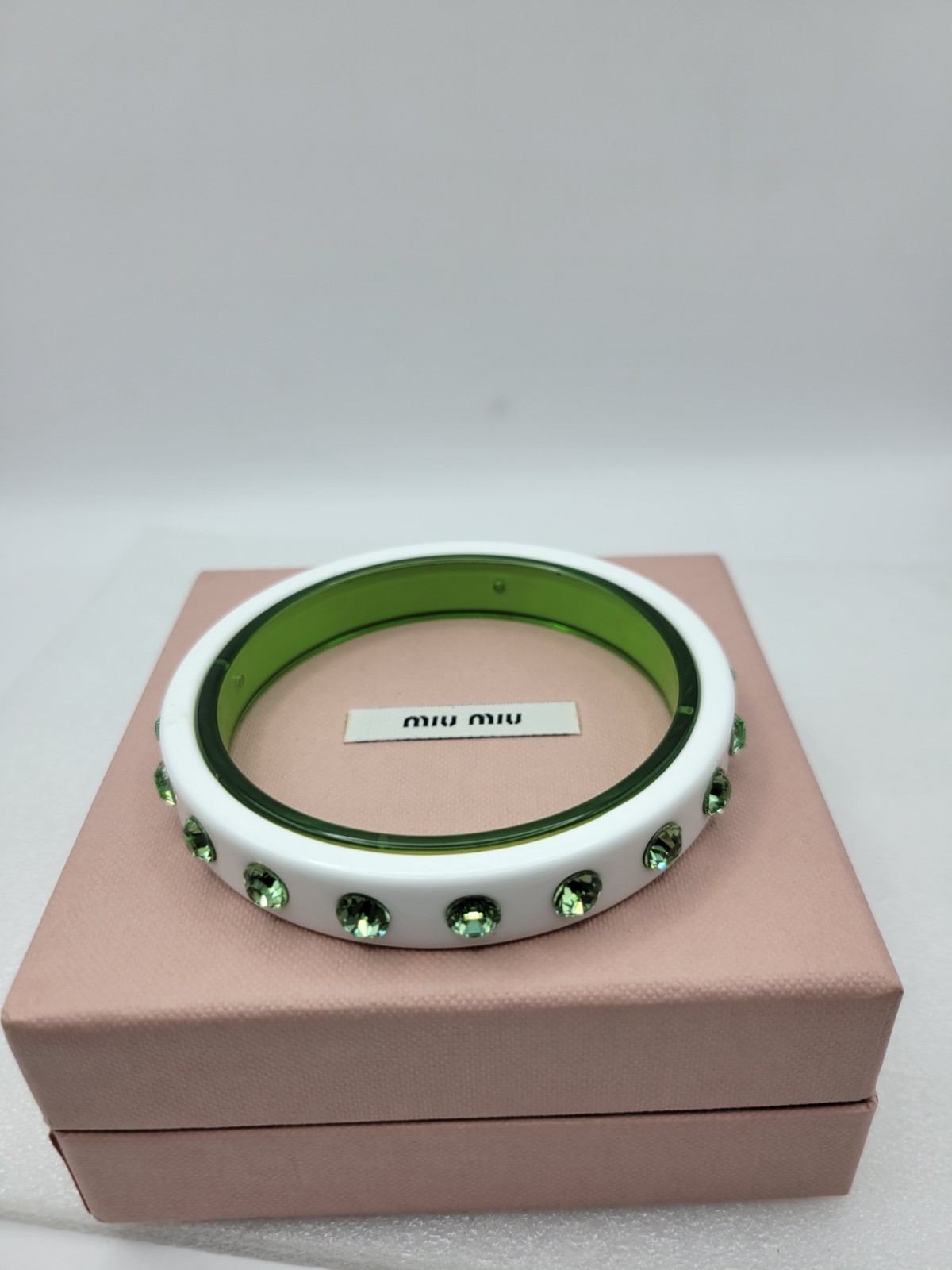 Miu Miu by Miuccia PRADA Plexi Glass & Crystal Bangle Green & White Boxed Pouch