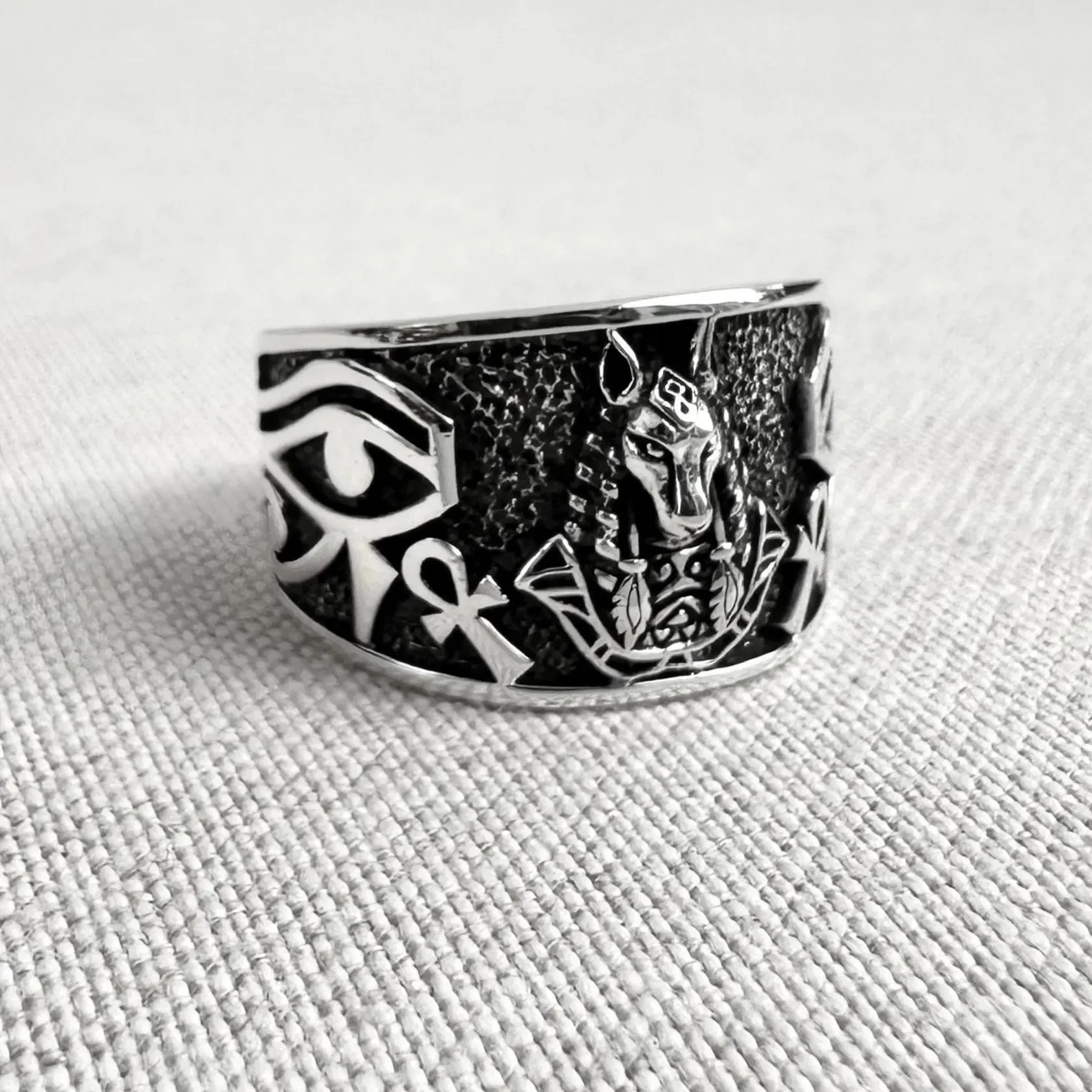 Handcrafted 925 Sterling Silver Anubis Egyptian God Deity Amulet Ring Jewelry