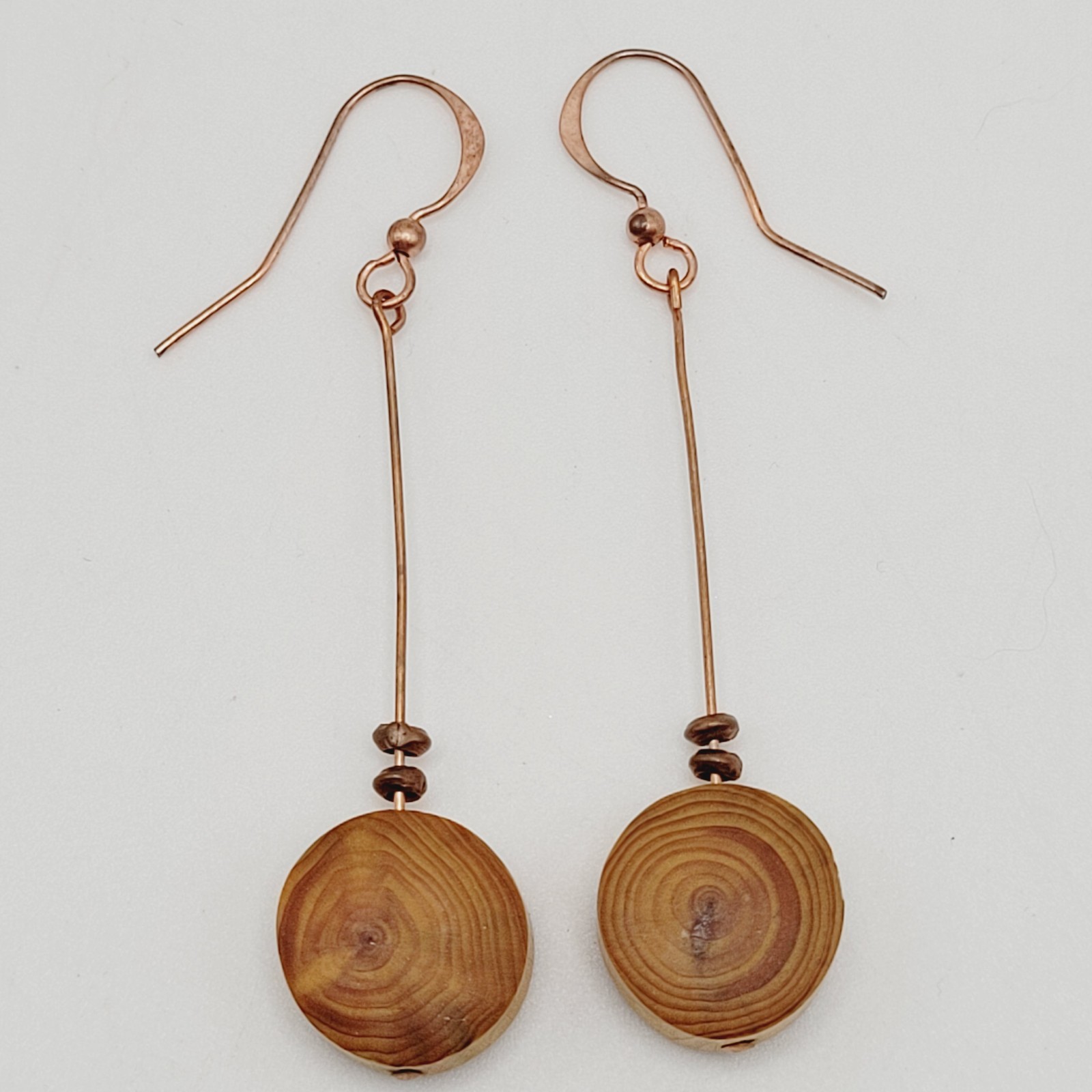 Artisan Handcrafted Round Wood Slice Drop Earrings Long Copper Wire Tree Ring