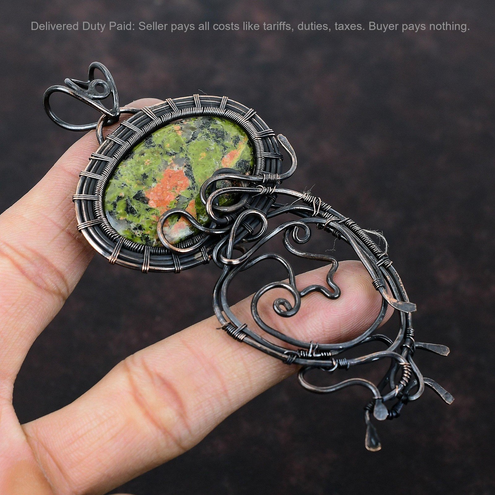 Halloween Sale Copper Natural Unakite Wire Wrapped Anniversary Daughter Pendant