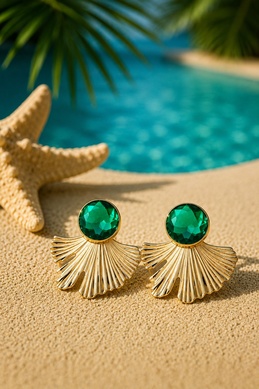 Chunky Textured Metallic Fan-Shaped Statement Studs with Green Crystal Accent