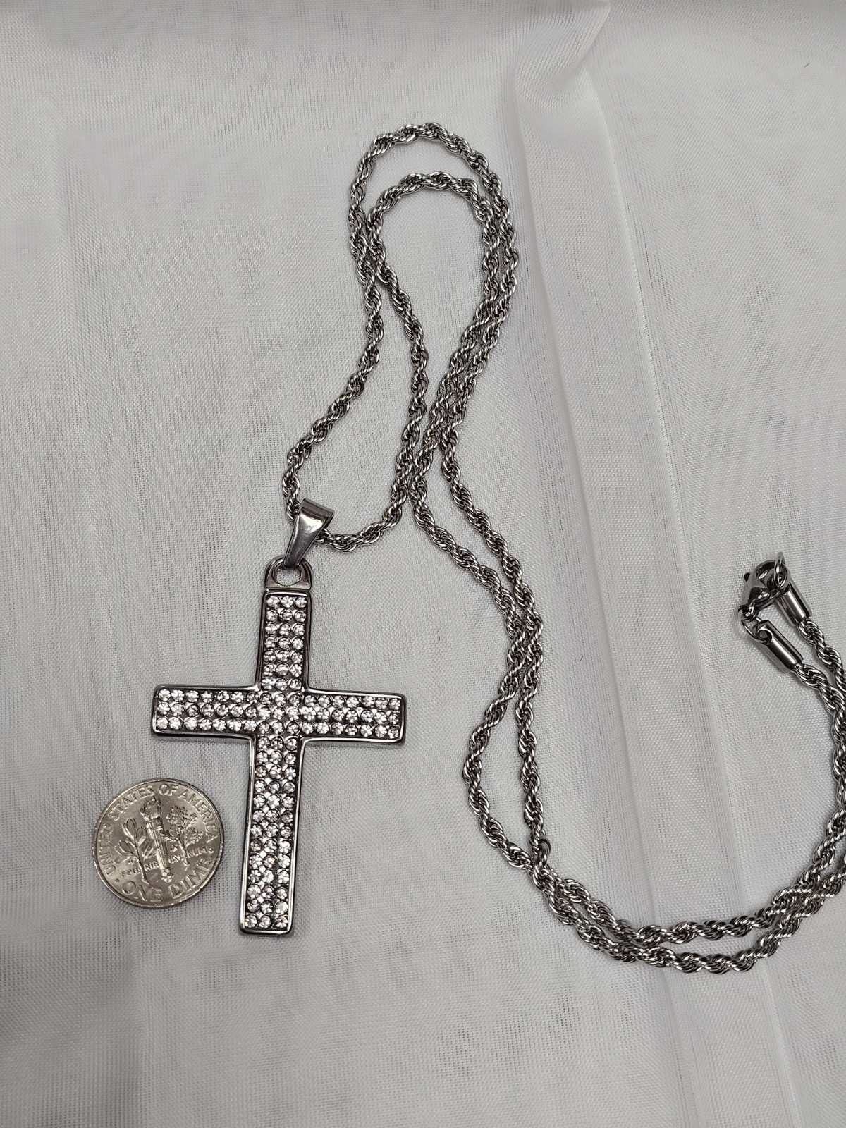 Silver Tone Religious Cross Charm Pendant Rope Chain Clear Crystal Lobster 24″