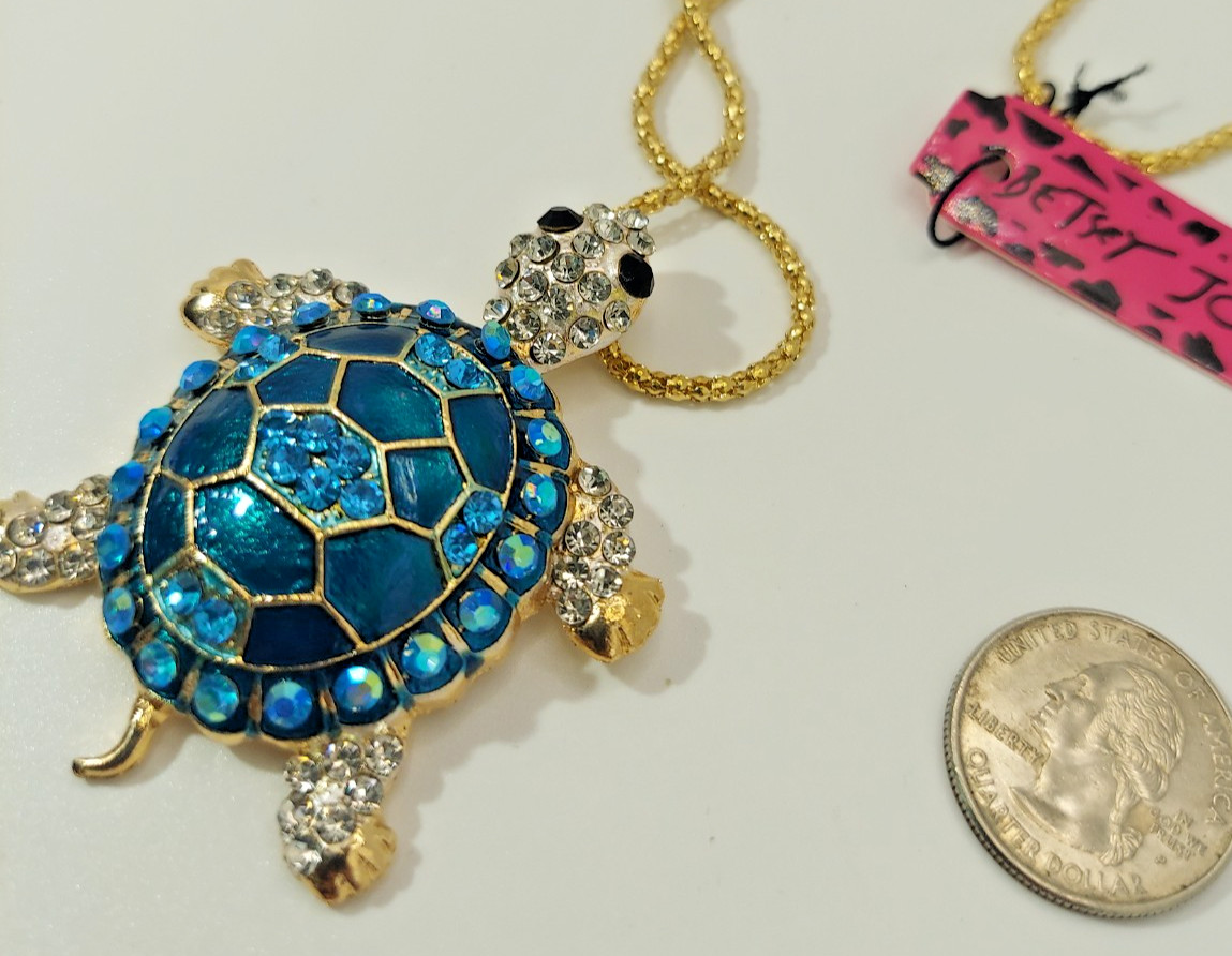 Brilliant 3D Jewel TURTLE Blue Rhinestone Betsey Johnson Tortoise Necklace-Gift