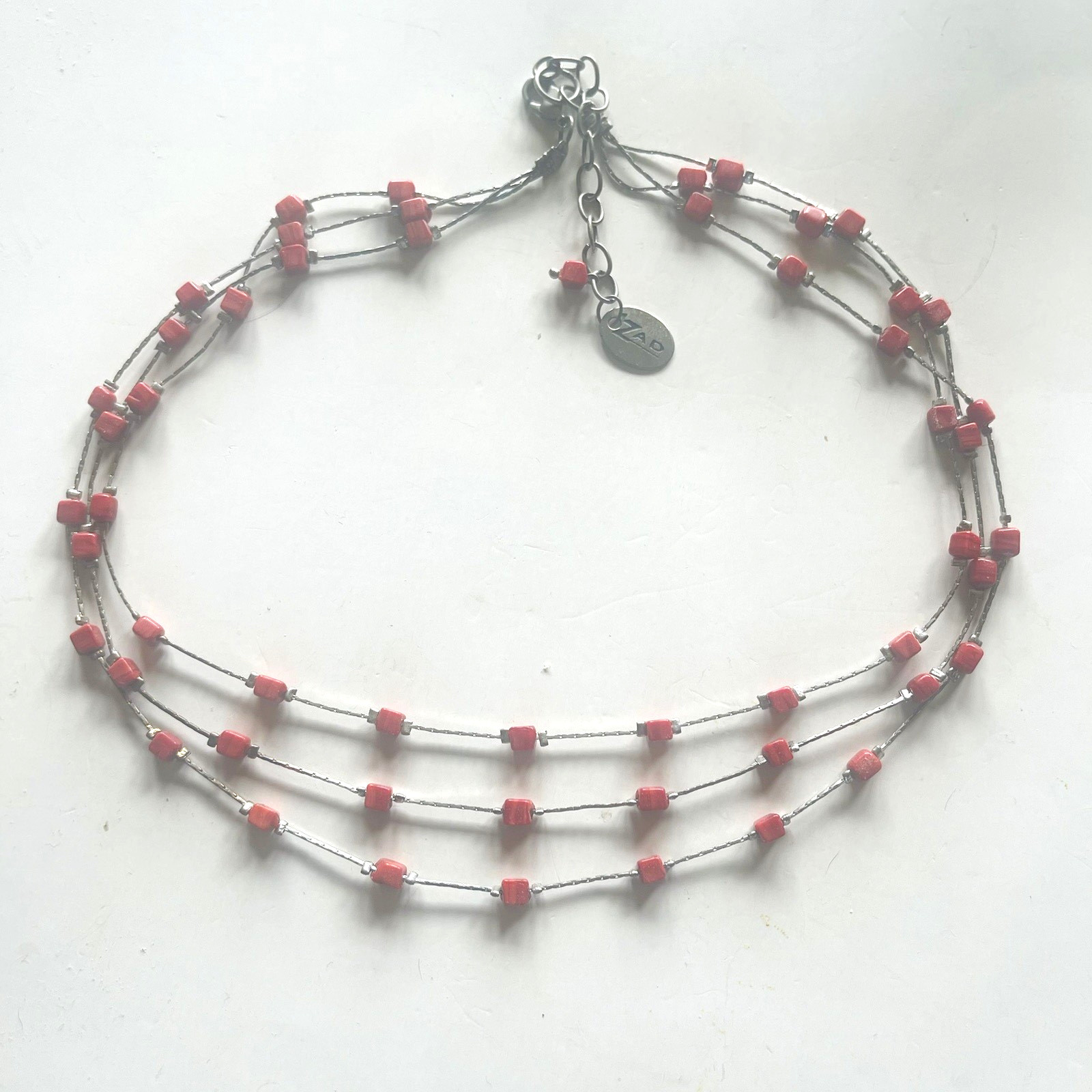 ZAD Beaded Multi Strand Red Stone Silver Tone 16″ Necklace 2.5″ Extension