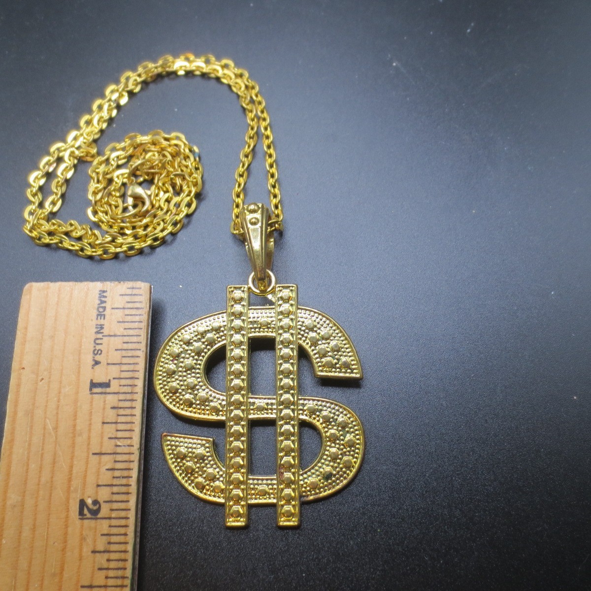 Dollar Sign Gold Tone Metal Pendant Necklace Rapper Hip Hop Bling 2.25″ Costume