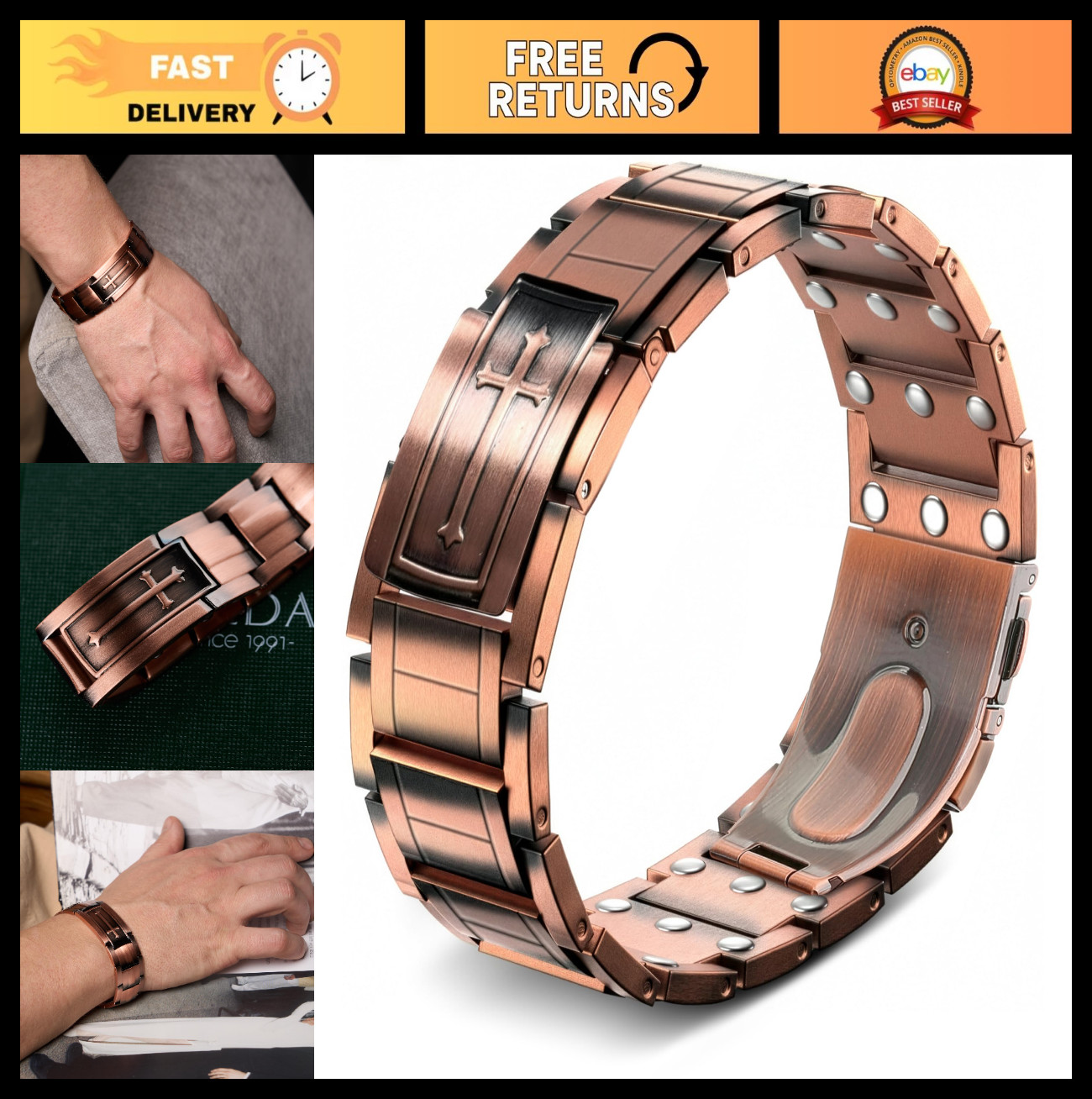 Men’s Adjustable Copper Bracelet 6200 Gauss | Magnetic Christian Cross Jewelry