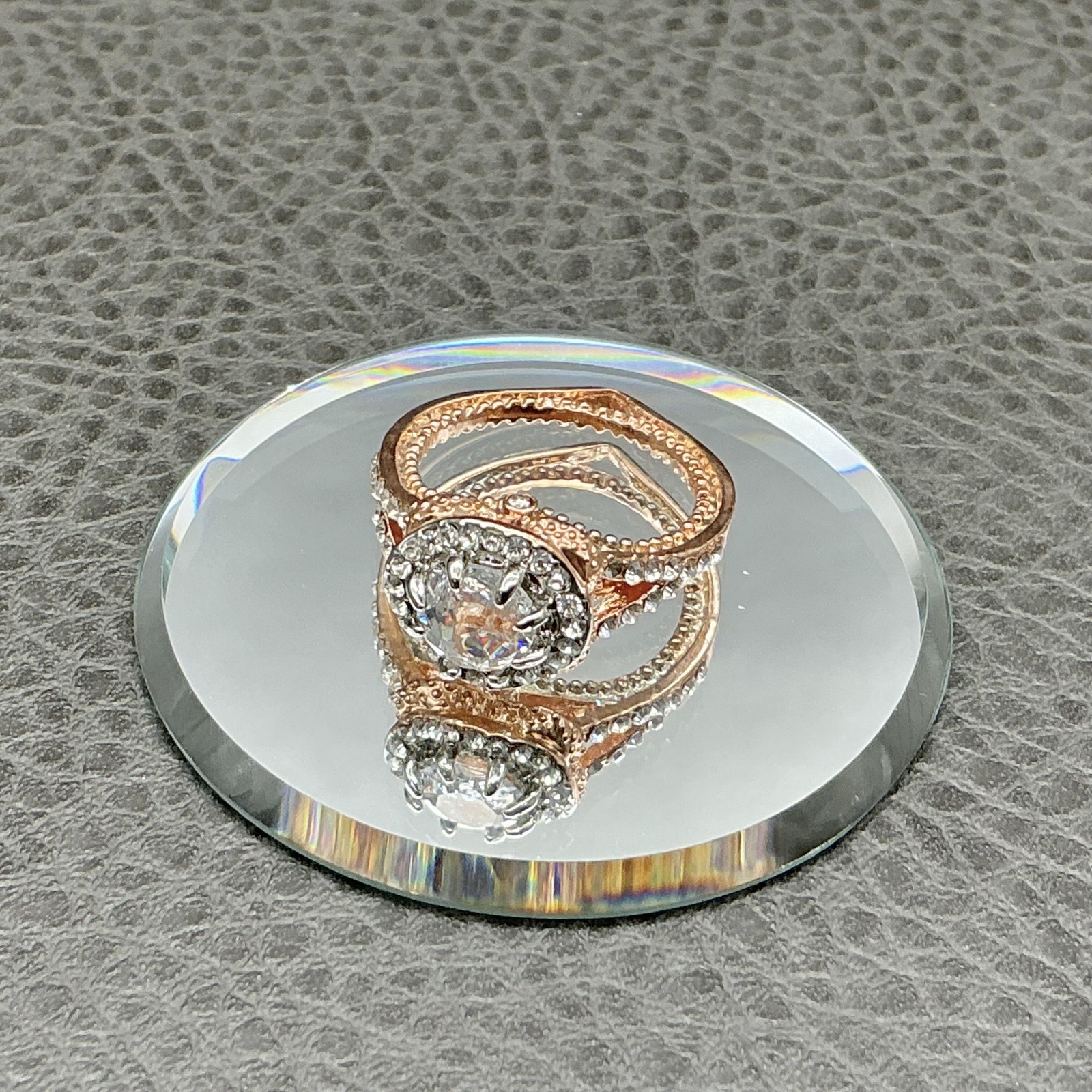 Ring Size 7 Rose Gold Tone Halo CZ Split Shank Cocktail Womens Fashion Jewelry