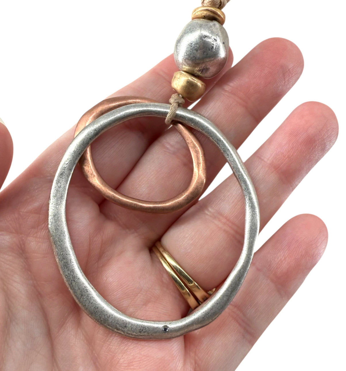 J Jill Mixed Metal Necklace Adjustable Cord Double Circle Pendant Boho Artisan