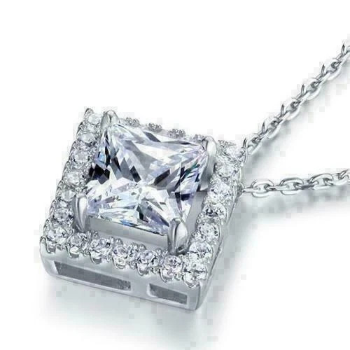 2.00Ct Princess Cut Simulated Diamond Halo Pendant Chain 14k White Gold Plated