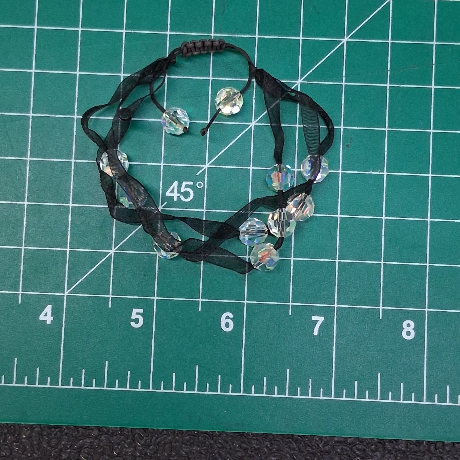 Vintage 3-Tier Clear Faceted AB Rhinestone Bead Black Sheer Ribbon Bracelet