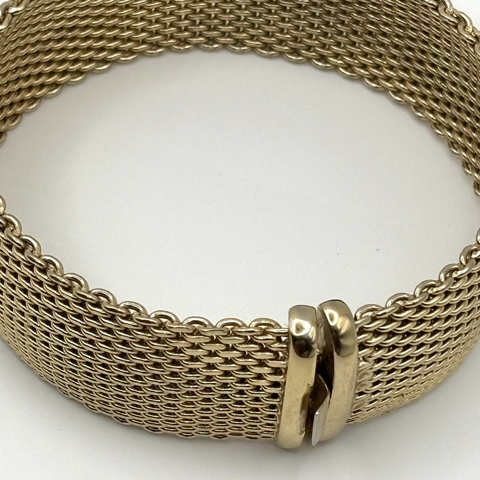 Woven Mesh Bracelet 14K Gold Electroplate ESPO Signed 7.5″ long; 0.75” wide 44g