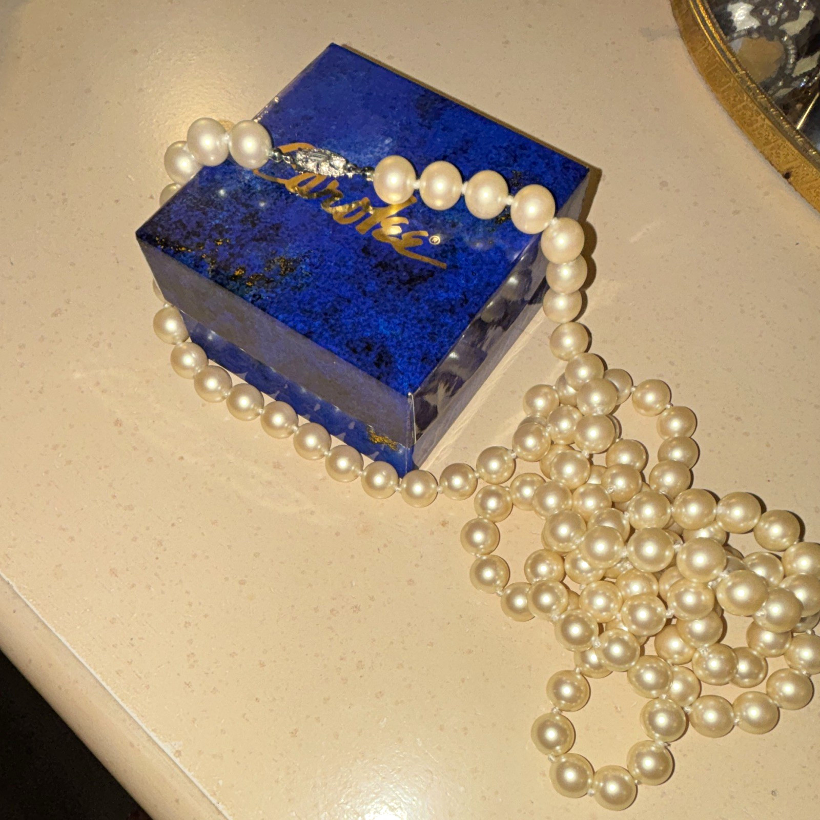 Trifari Signed White Faux Pearl Beaded Ball Chain Necklace Silver Box Clasp