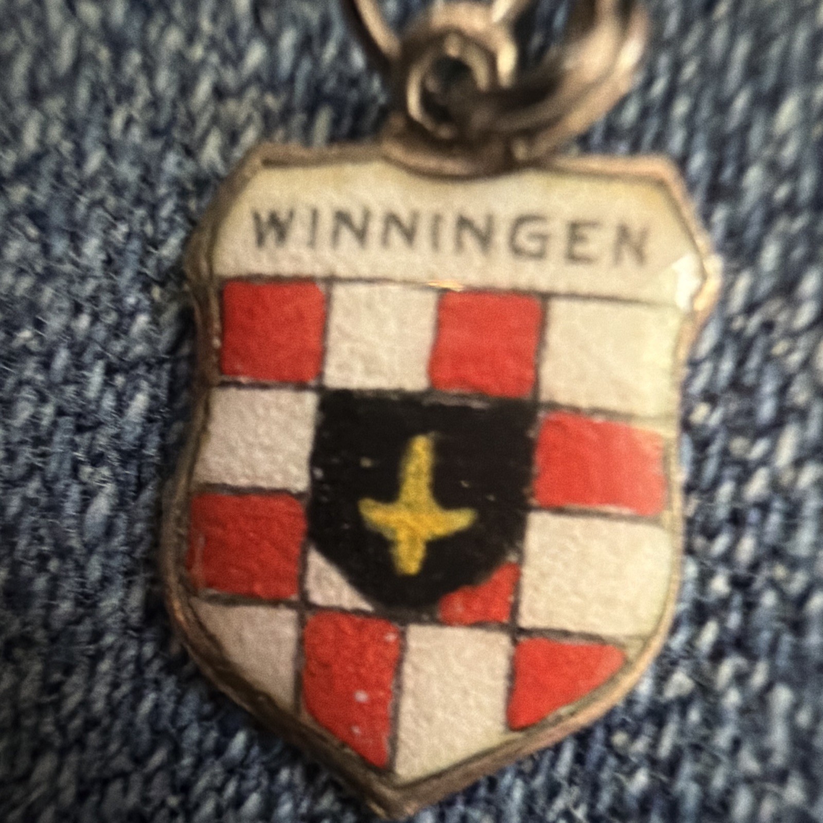 800 Silver Enamel Winningen Shield Dangle Charm Heraldry Signed Spring Ring