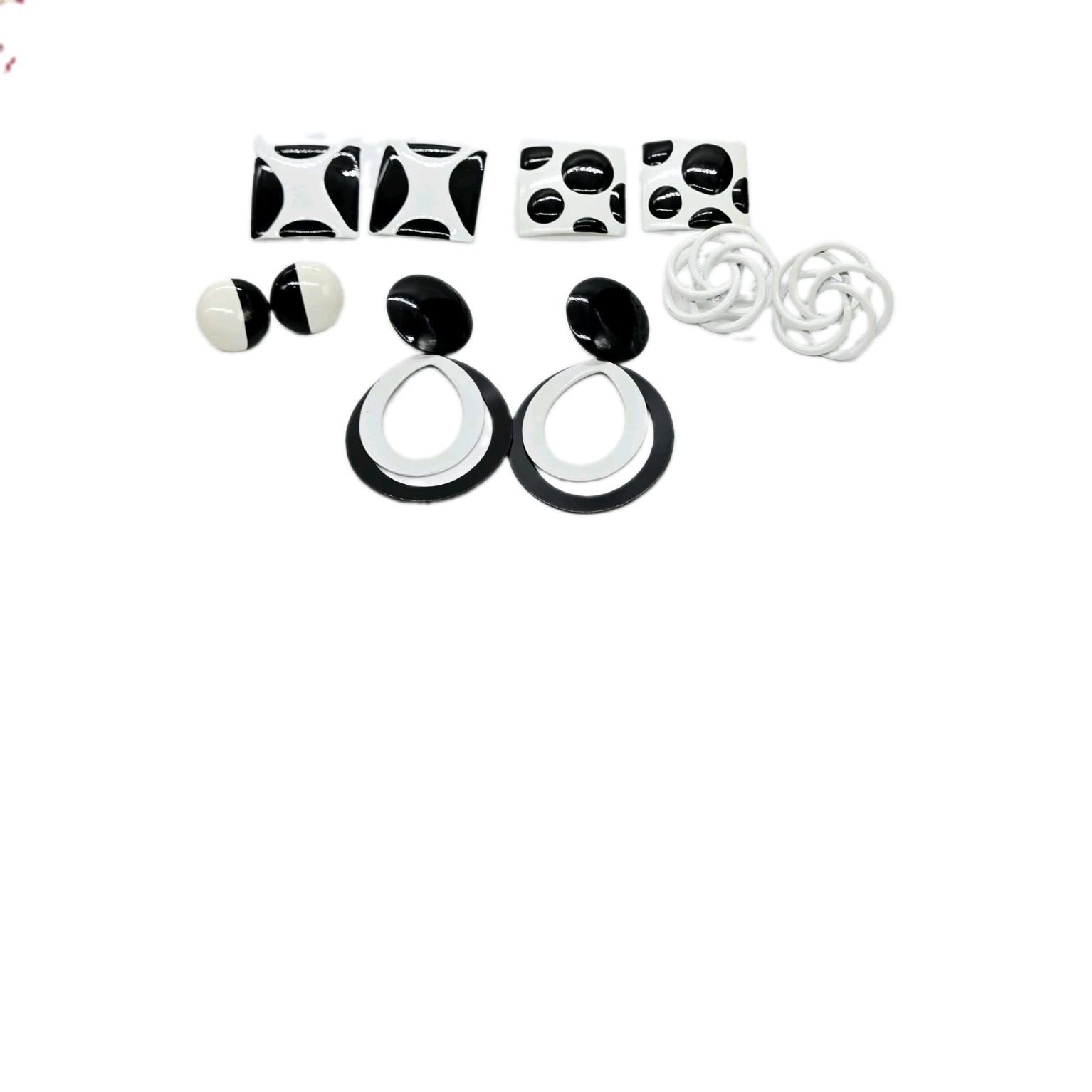Black and White Earring Lot Art Deco Asymmetrical Enamel Vintage 5 Pair