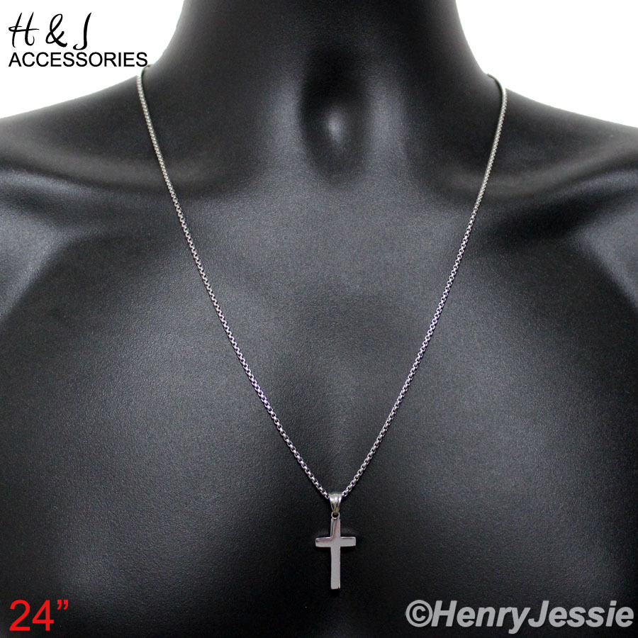 24″Stainless Steel 1.5mm Silver Smooth Box Link Chain Simple Cross Pendant*P67