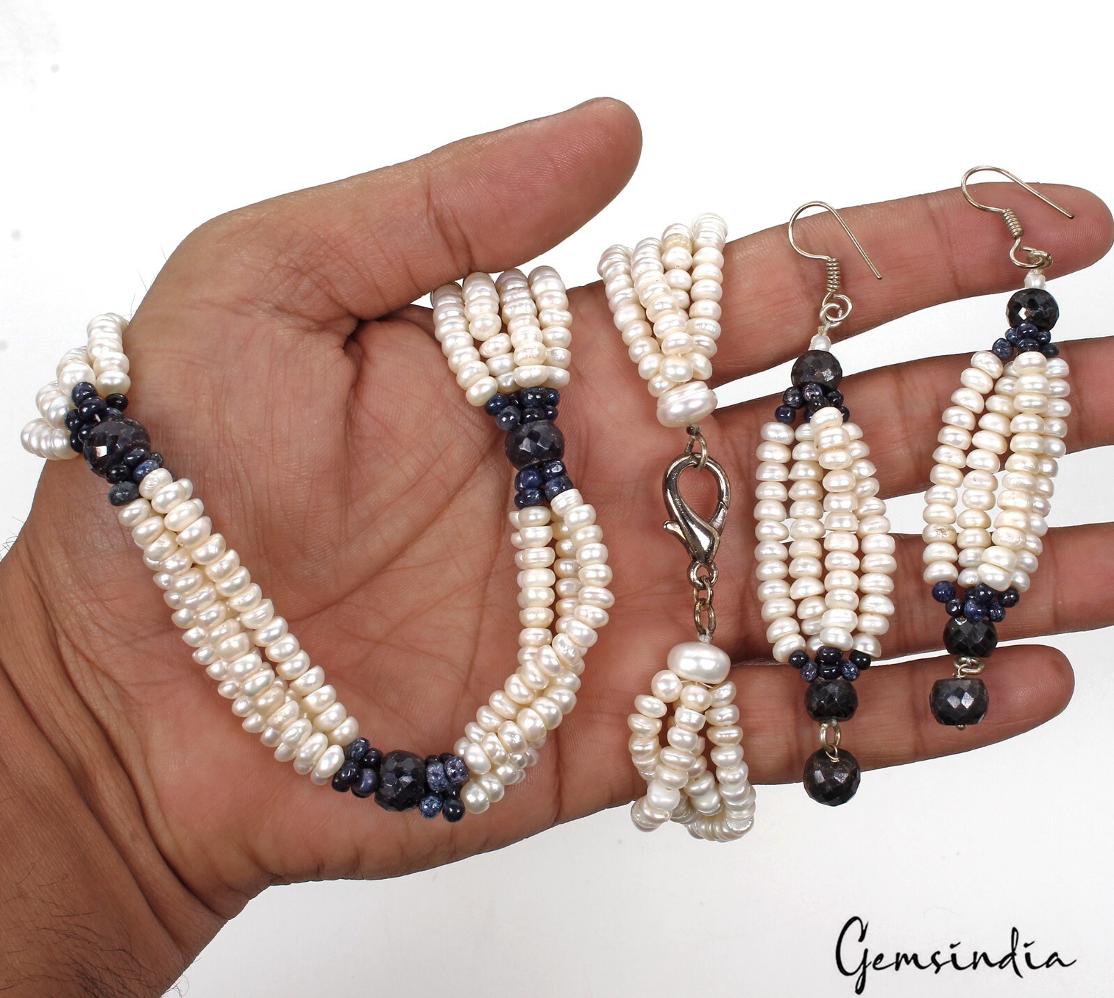 Sapphire & Pearl Necklace 26″ Earring Set, Multi-Strand Statement Beaded Jewelry