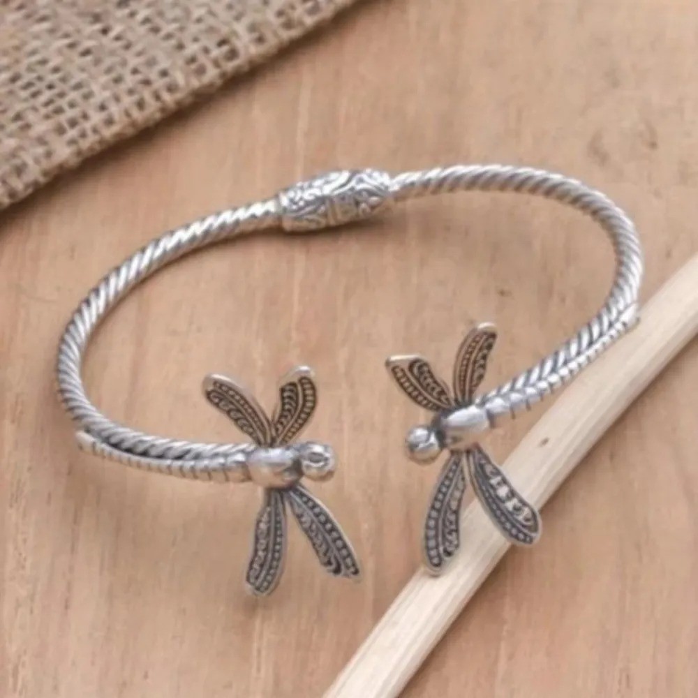 Boho Dragonfly Cuff Bracelet Silver Tone Adjustable Open Bangle Insect Women