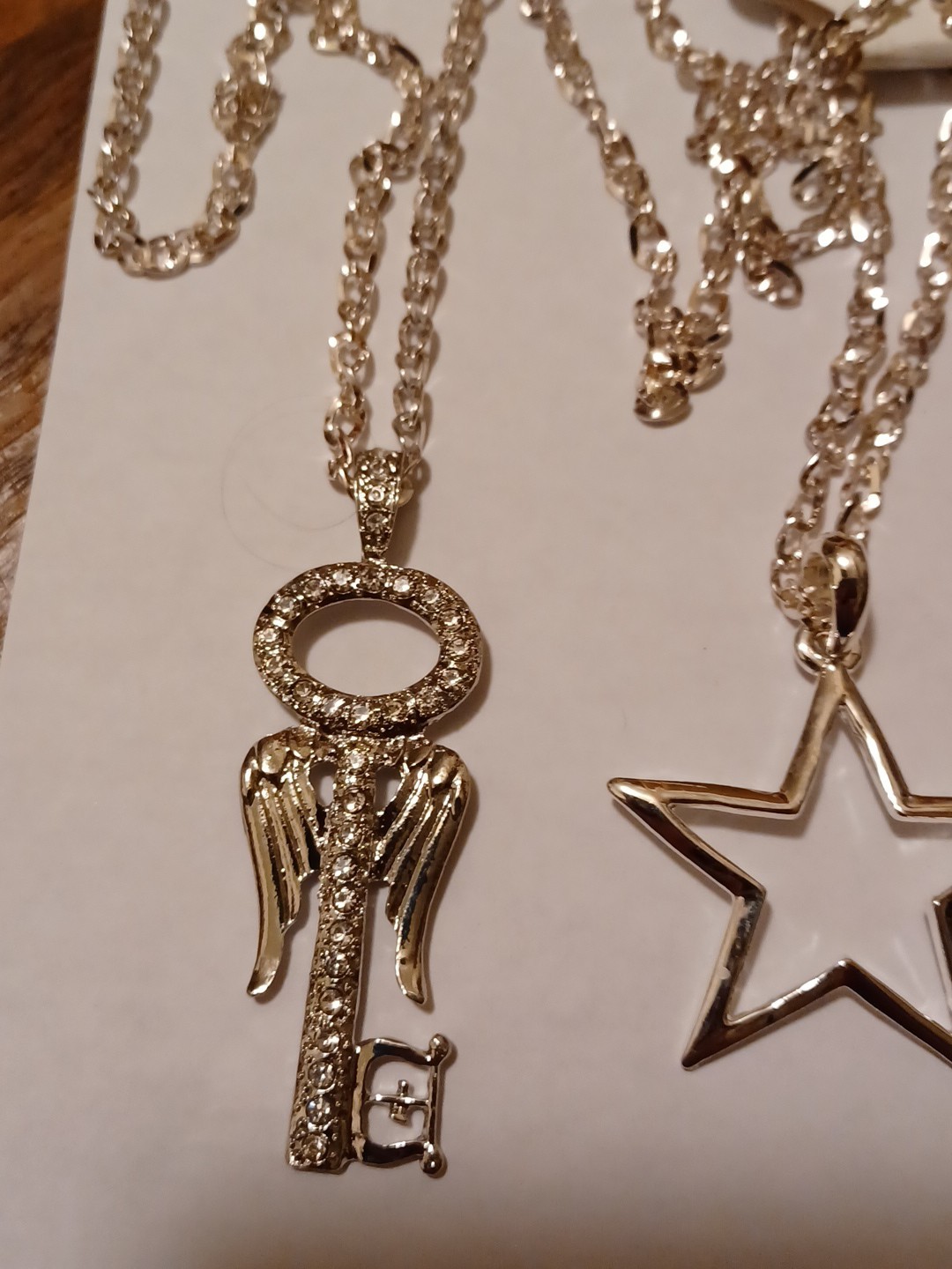 Fashion necklace, Silvertone, Star-Wings/key, Qty 2