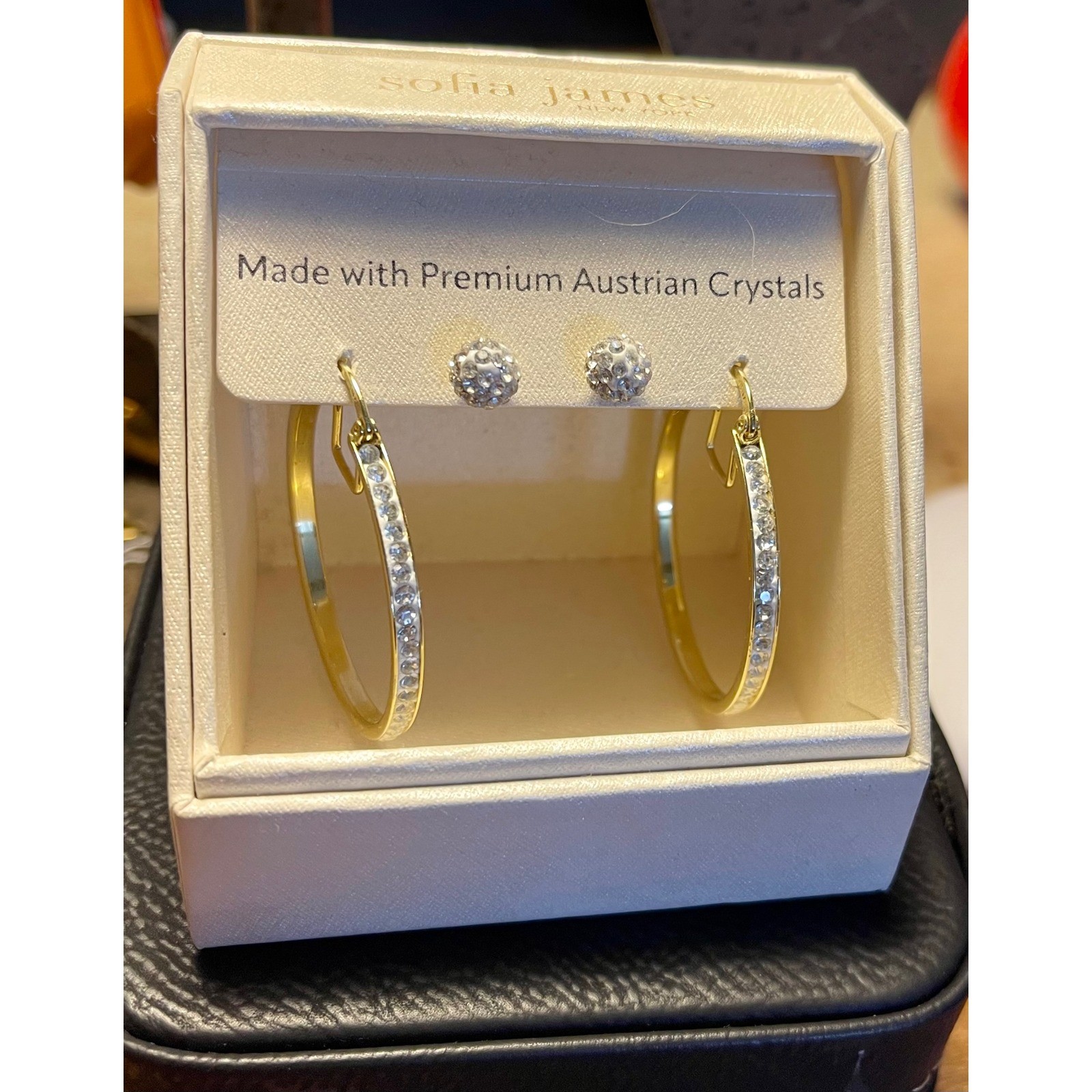 Sofia James New York Austrian Crystal Earring Set Gold Tone Hoops and Studs -New