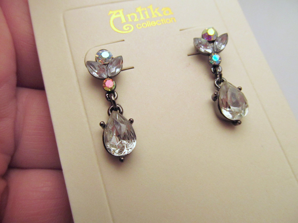 *NEW Gun Metal Tone & Clear Crystal Pierced Elegant Drop Earrings by Antika