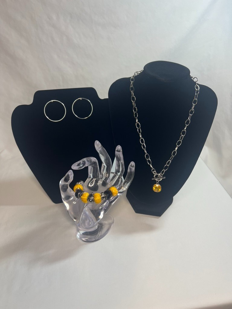 Vibrant Yellow & Silver-Tone Jewelry Set – Necklace, Cuff Bracelet, Hoop Earring