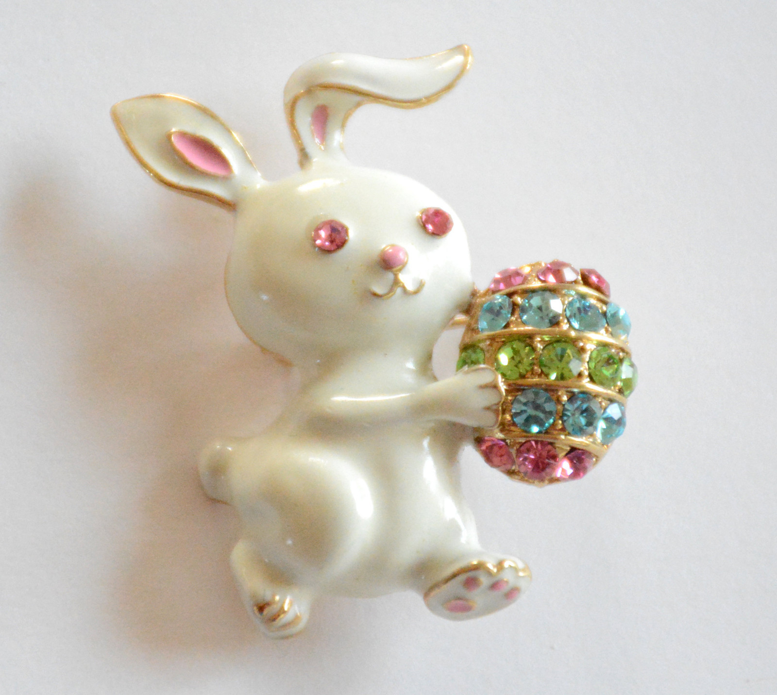Easter Bunny w Easter Egg Pin and/or Pendent / White Rabbit w Crystal Chip Egg
