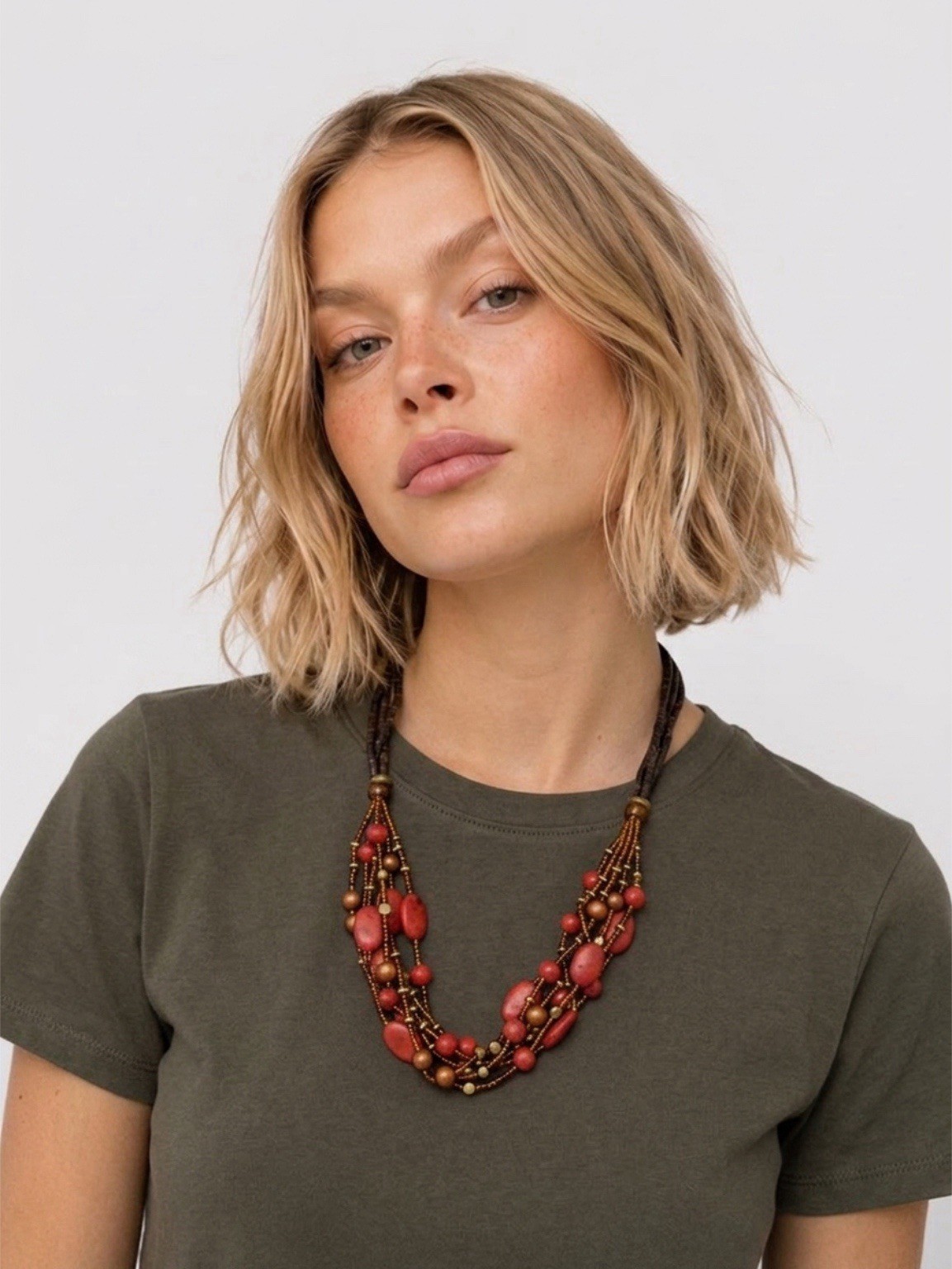 Multi-Strand Statement Beaded Necklace, Red Brown Black Round Beads, Ball Chain