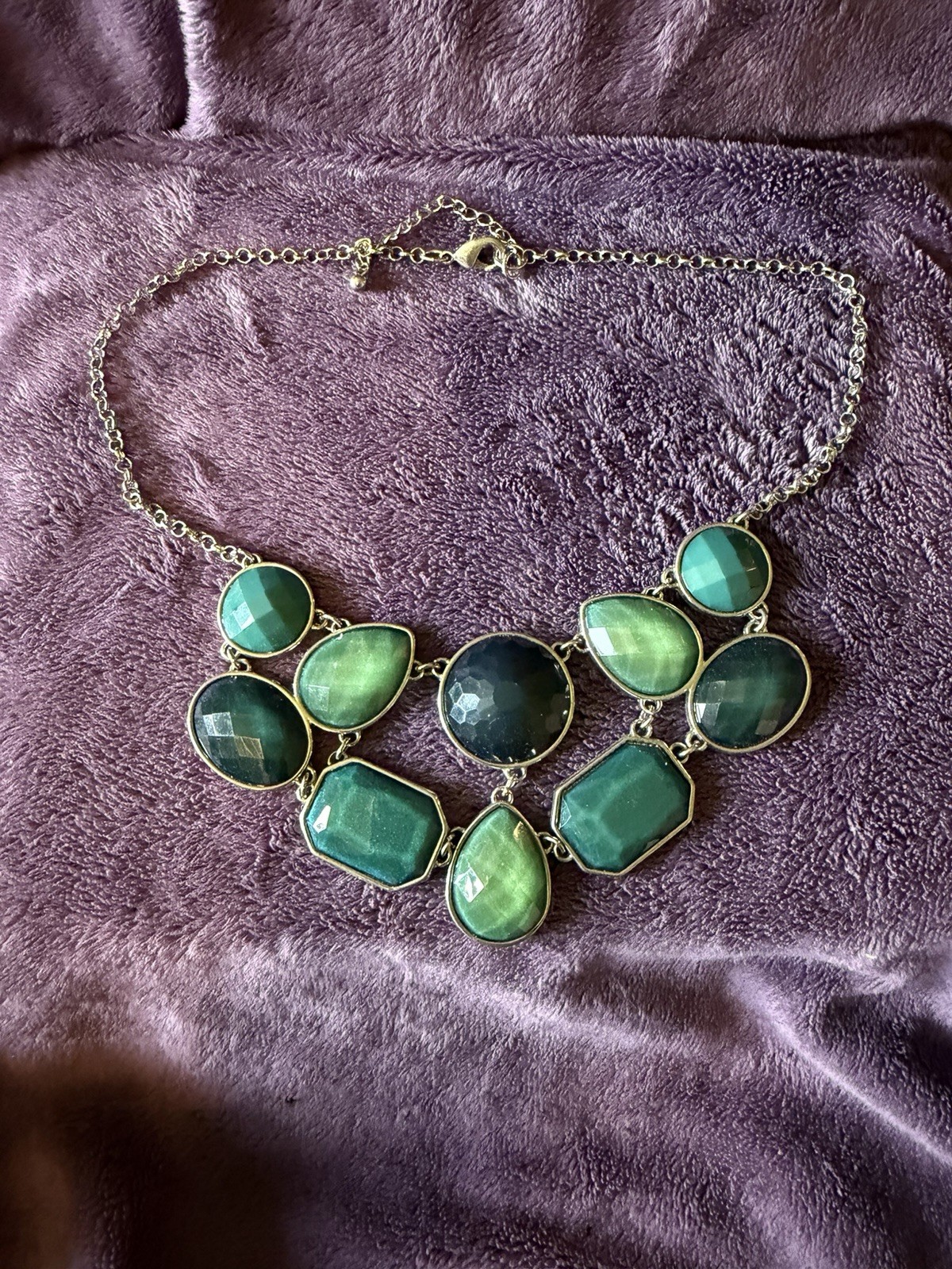 Boho Vintage Green Statement Necklace Chunky Silver Tone Bib Pendant