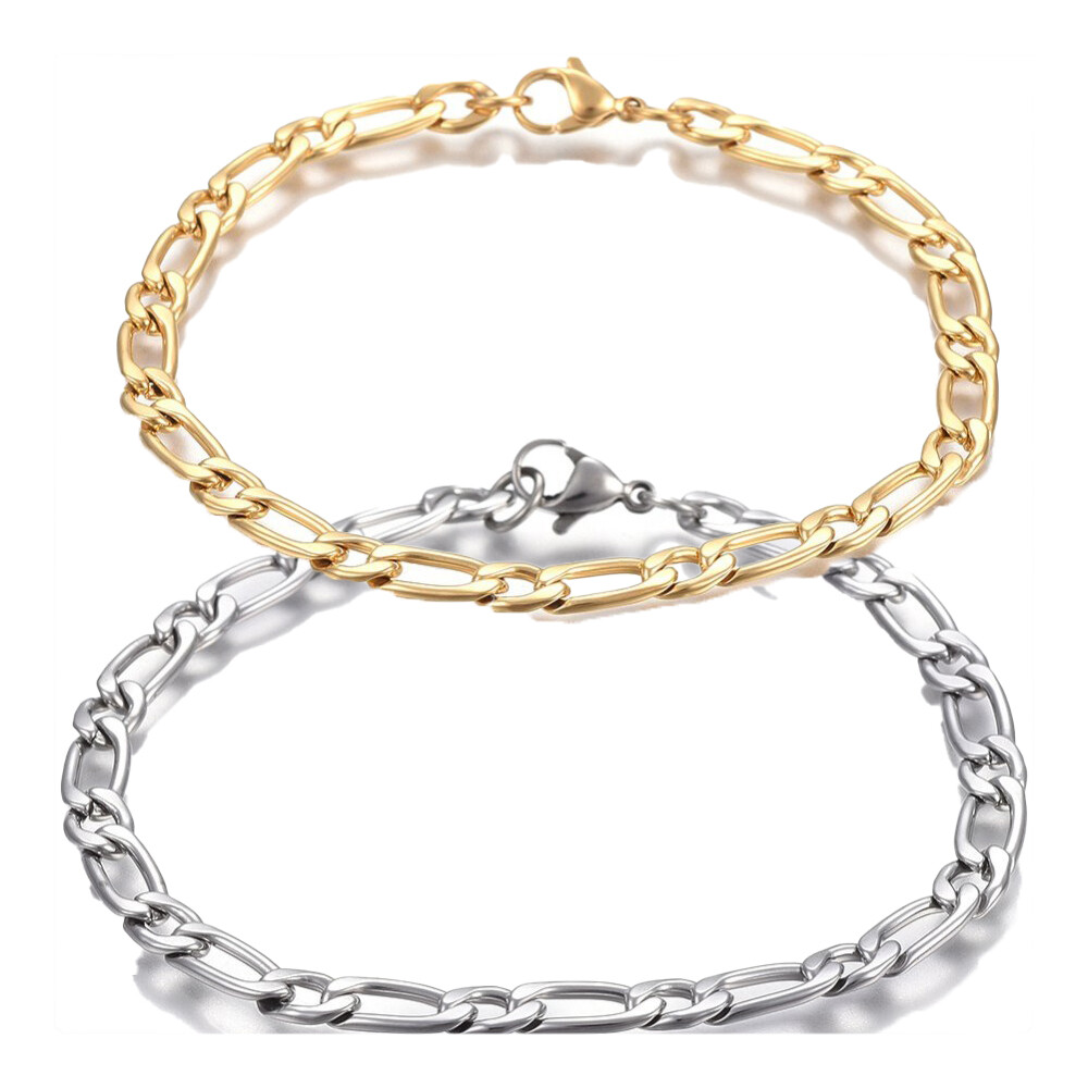 Stainless Steel Figaro Bracelet Lobster Gold 8.2″ (21cm) 5mm Silver Z179