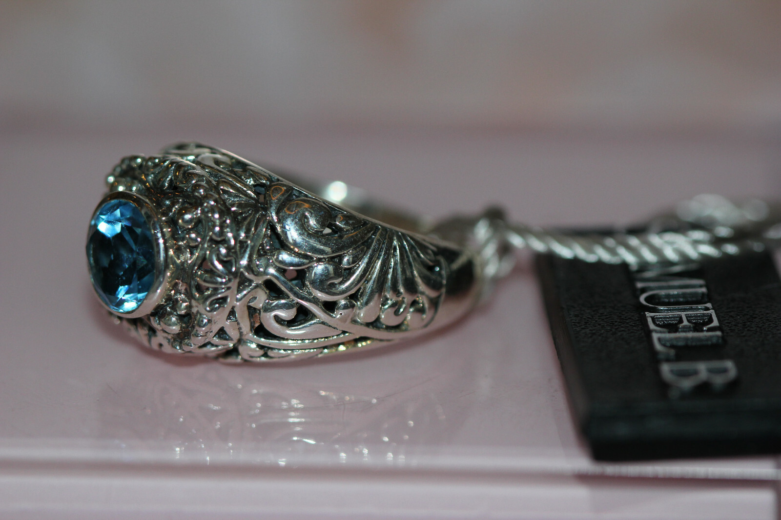 NWT Samuel B. Blue Topaz Sterling Silver Filigree Ring sz 7 polish cloth & bag