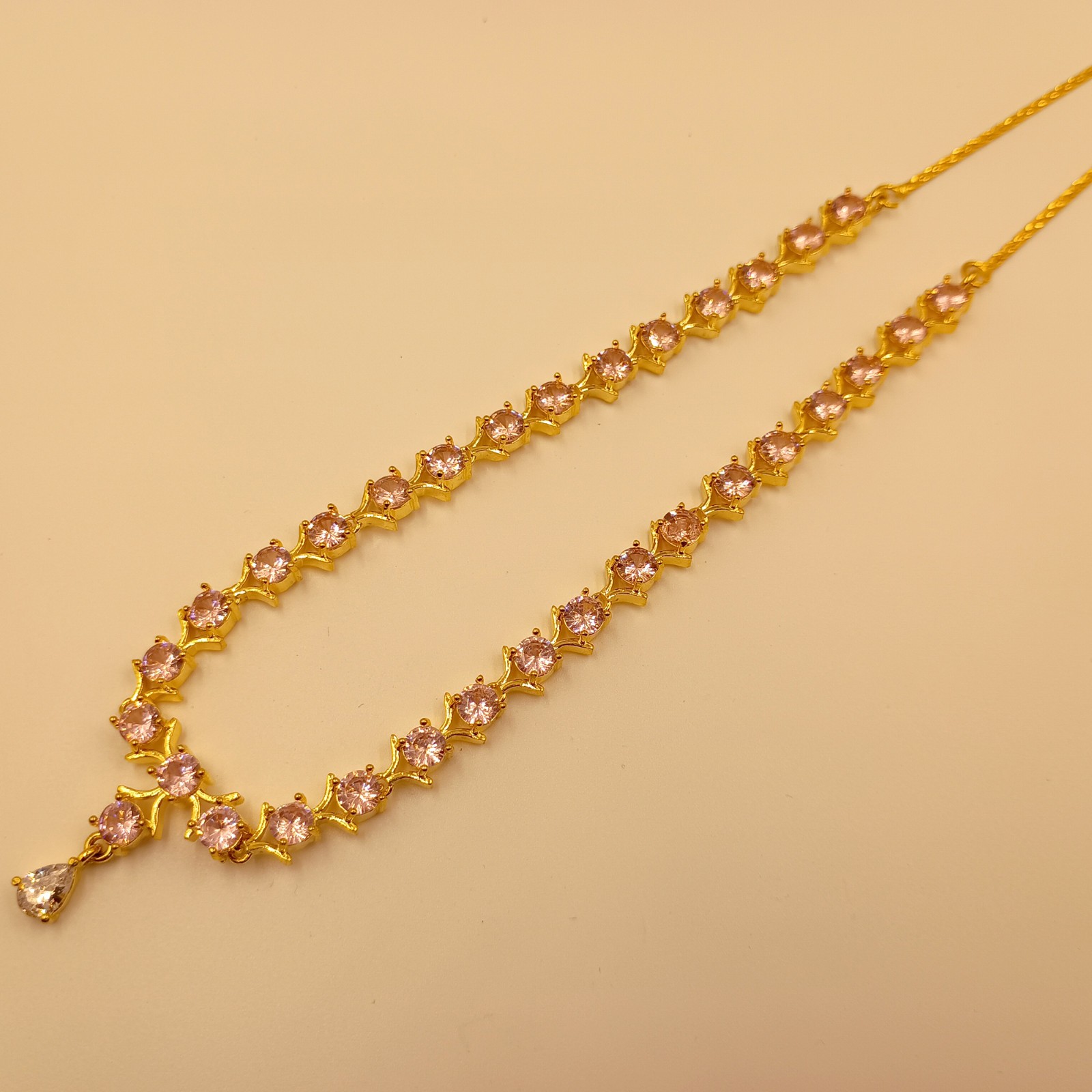 22K Gold Plated Pink Morganite Choker Set Handmade Round Crystal Party Necklace