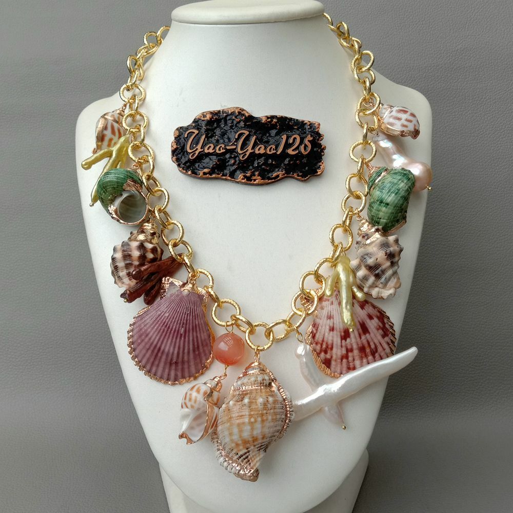 19″ Multi Sea Shell Pearl Chain Necklace Summer Beach Jewelry
