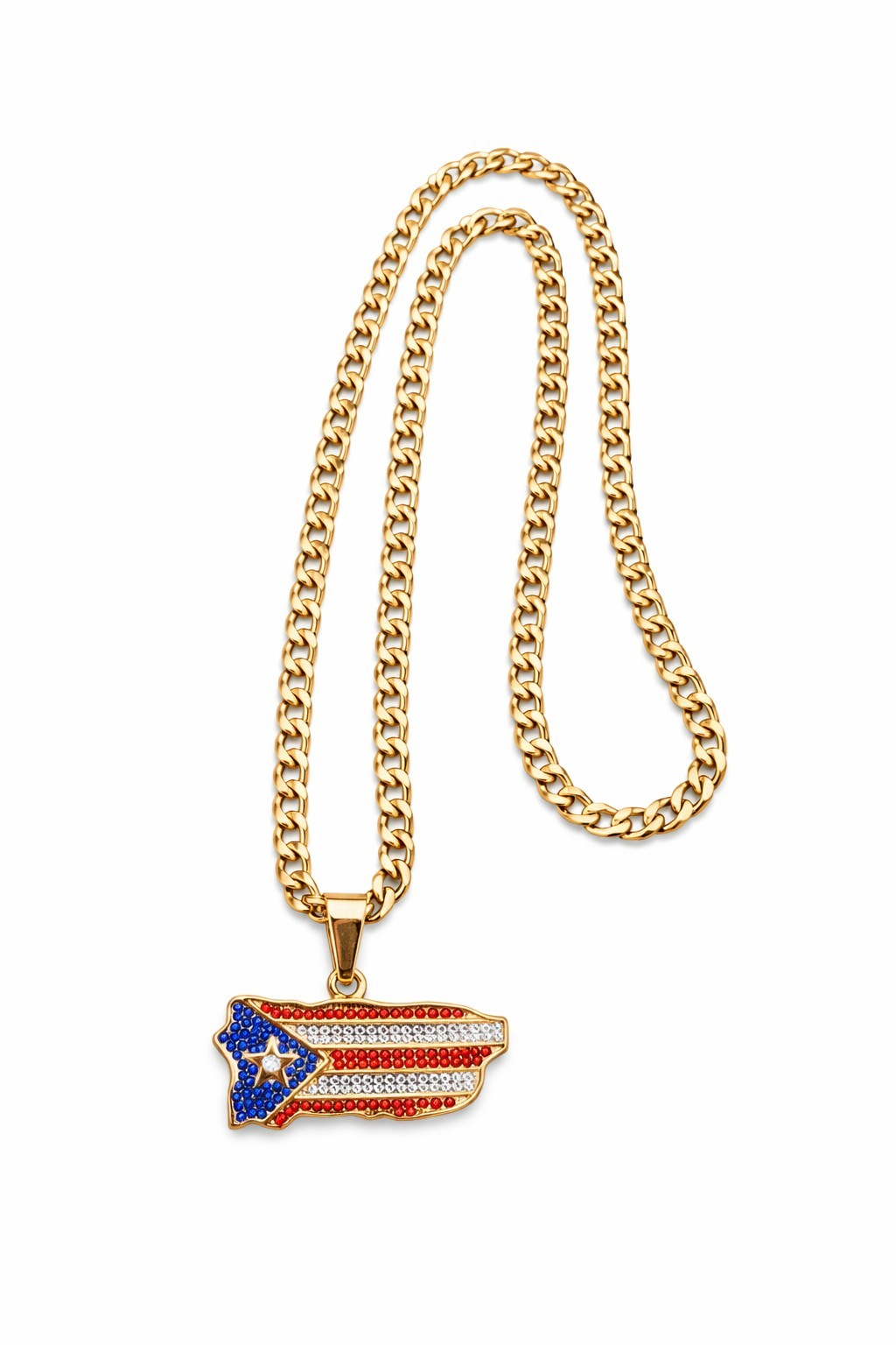 Puerto Rico Gold Plated Stainless Steel 24″ Chain 6mm Necklace Flag Pendant