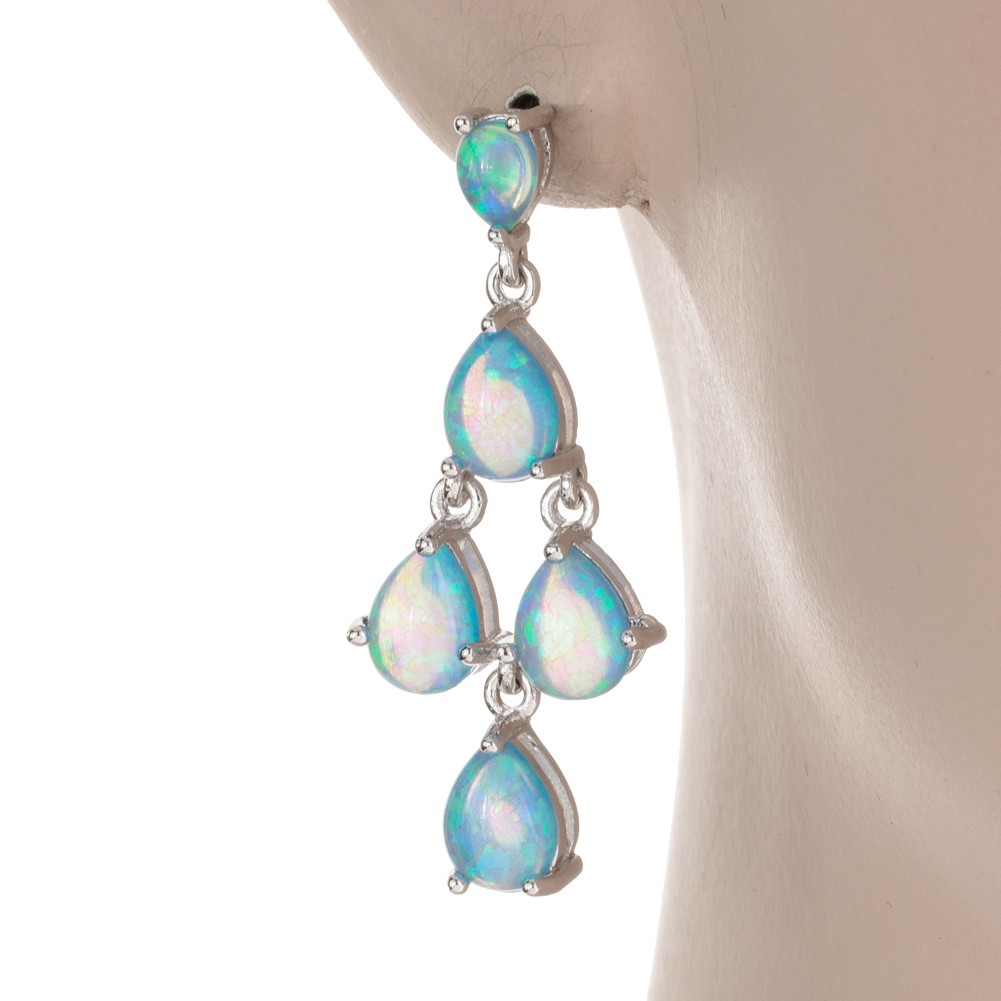 6×8 4×6 Pear Ocean Blue Fire Opal Cabochon Silver Jewelry Drop Pierced Earrings