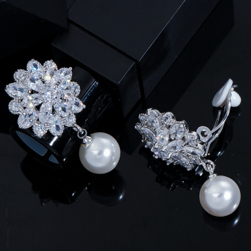 Cwwzircons Cz Crystal Pearl Flower Non Pierced Clip On Drop Earrings for Women