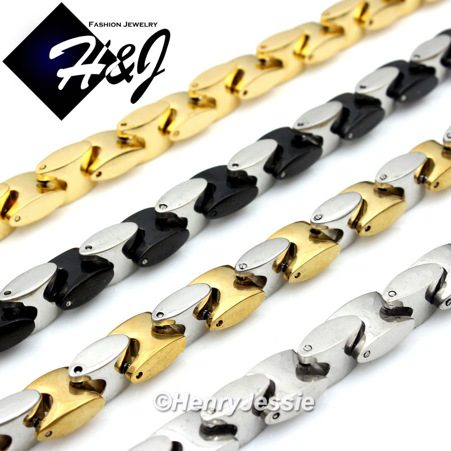 18″-40″MEN Stainless Steel 8mm Silver/Black/Gold Plated Interlock Bones Necklace
