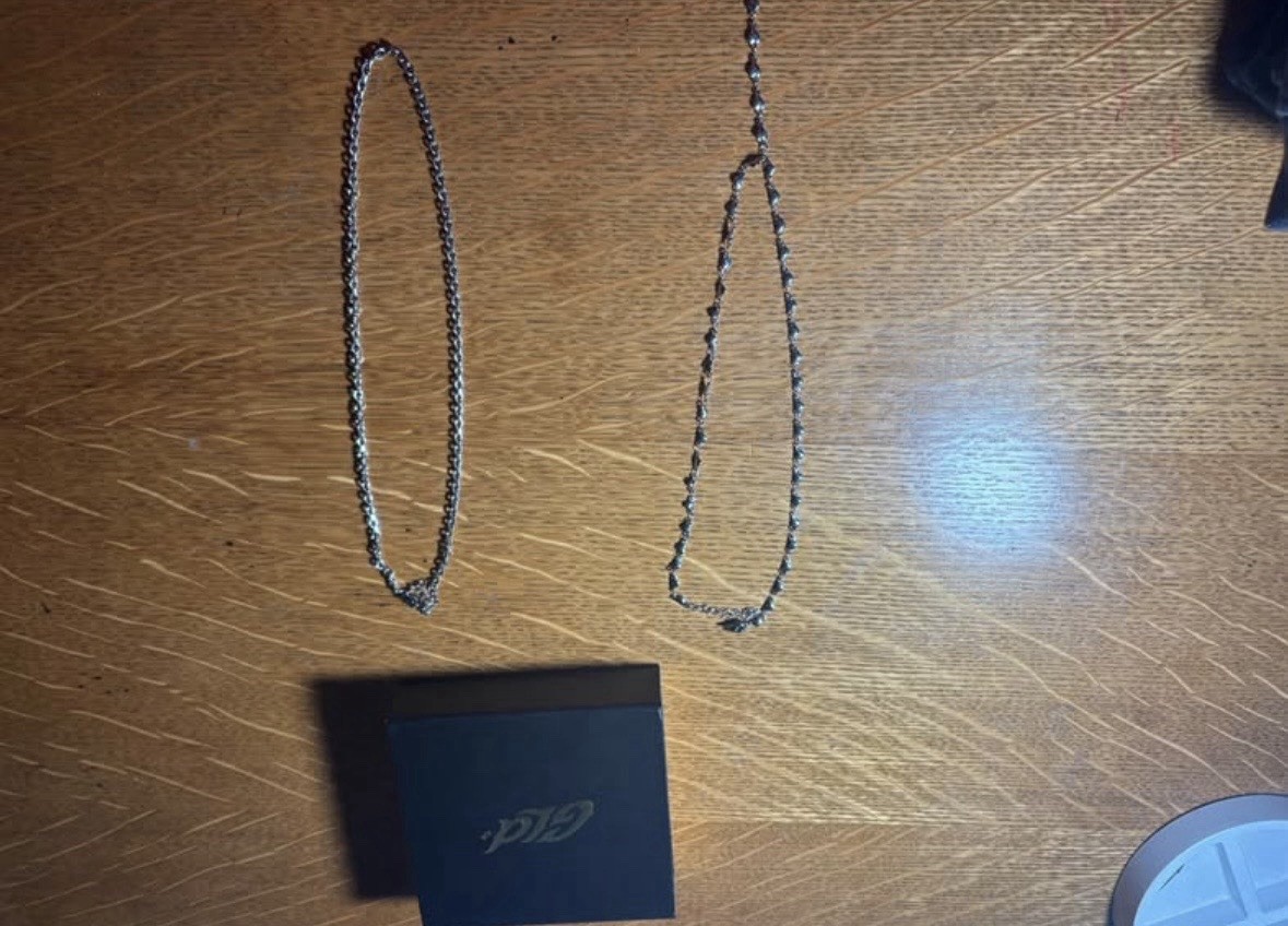 2 GLD chains silver box chains and heart lariat necklace