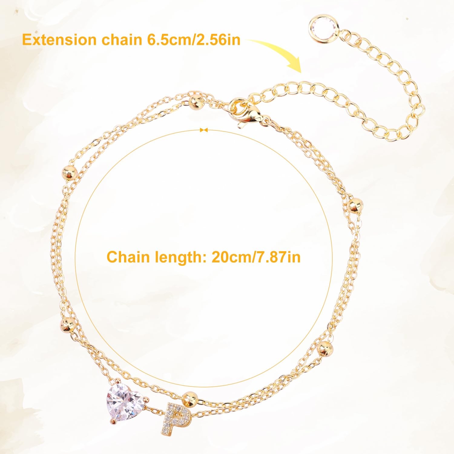 Gold Initial Anklet for Women, Adjustable Letter A-Z, Heart Shaped, 20cm
