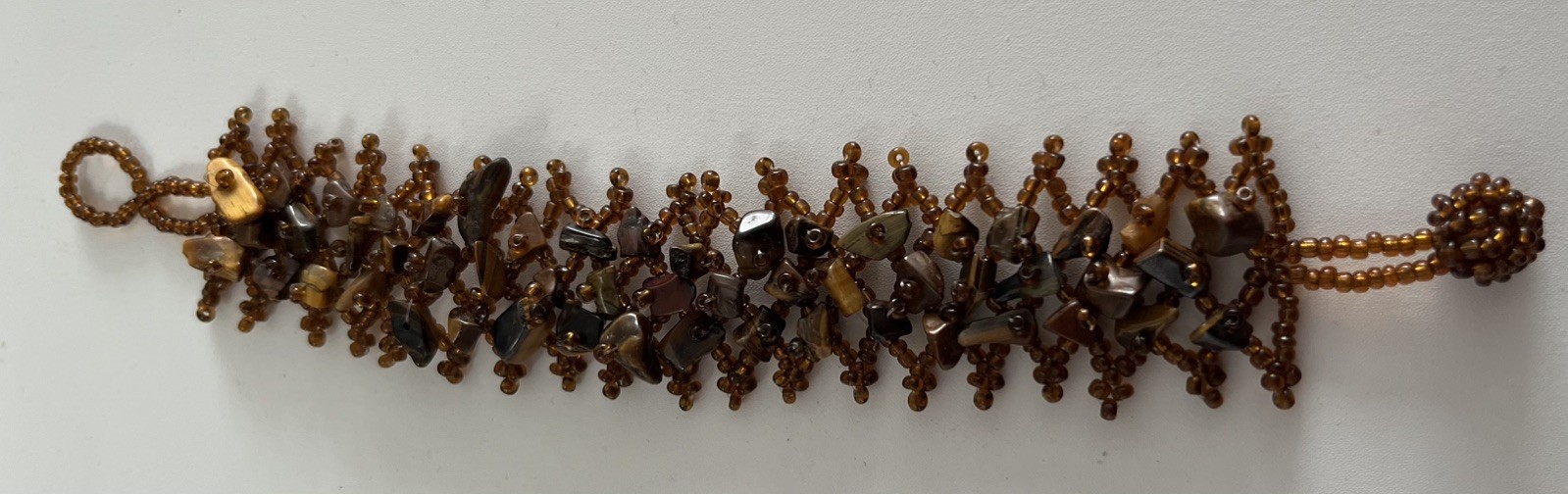 Tiger Eye Chips & Seed Beads Cuff Bracelet 7-3/8” 18.5cm when fastened