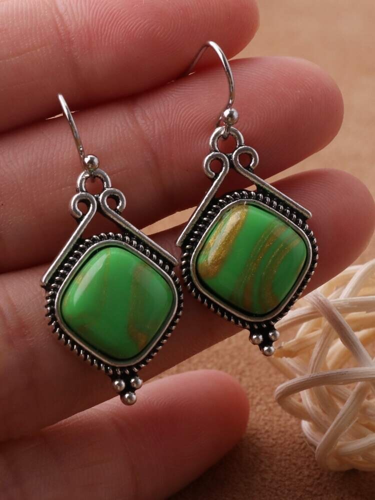 Pretty New Silver Plated Green Copper Turquoise CZ Hook Dangle Drop Earrings