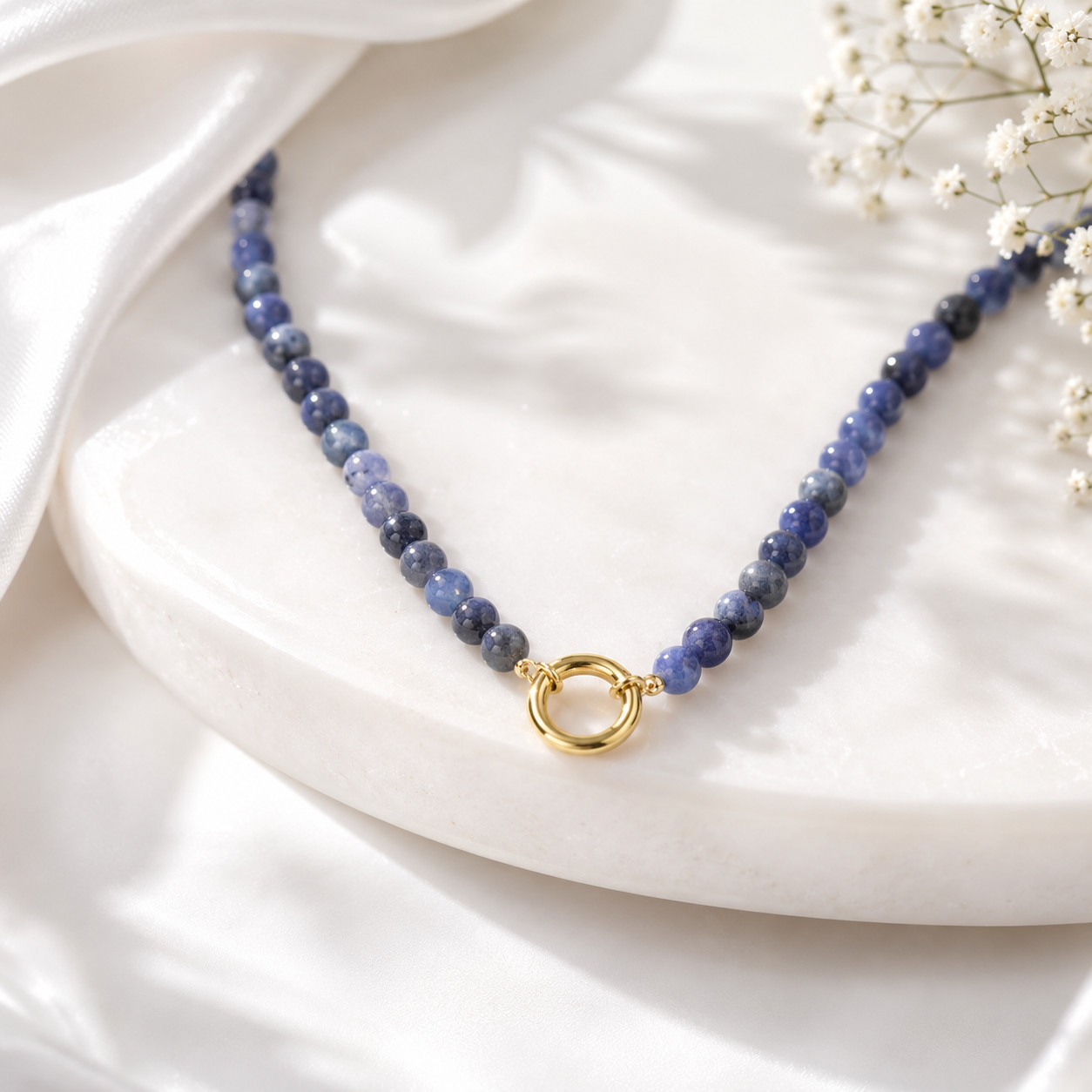 Blue Stone Bead Necklace 18K Gold Plated Charm Holder Customizable