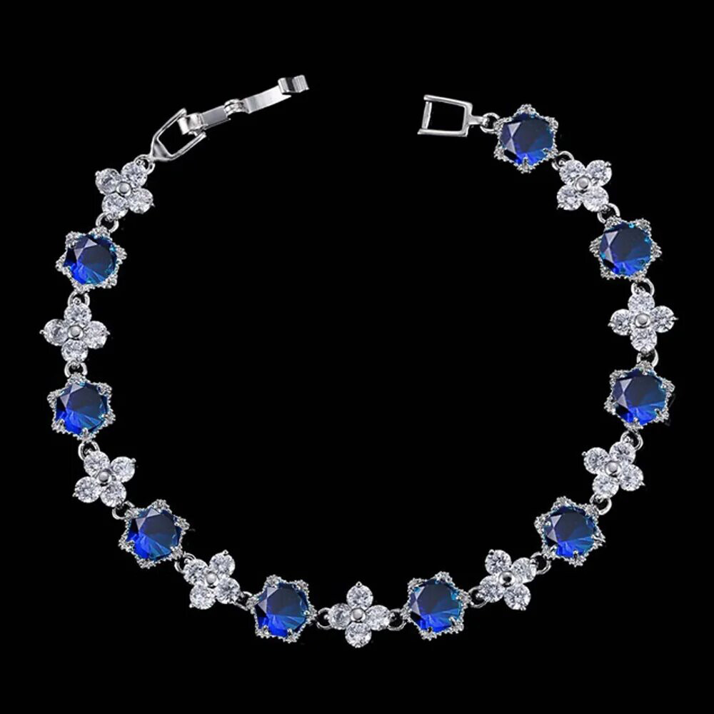 Silver Plated Cubic Zircon Green Flower Star Charm Bracelet Women Party Jewelry