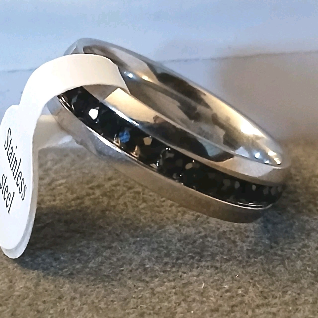 Black Rhinestone Ring Stainless Steel Wide Band Sz 10.5 Unisex Channel Set