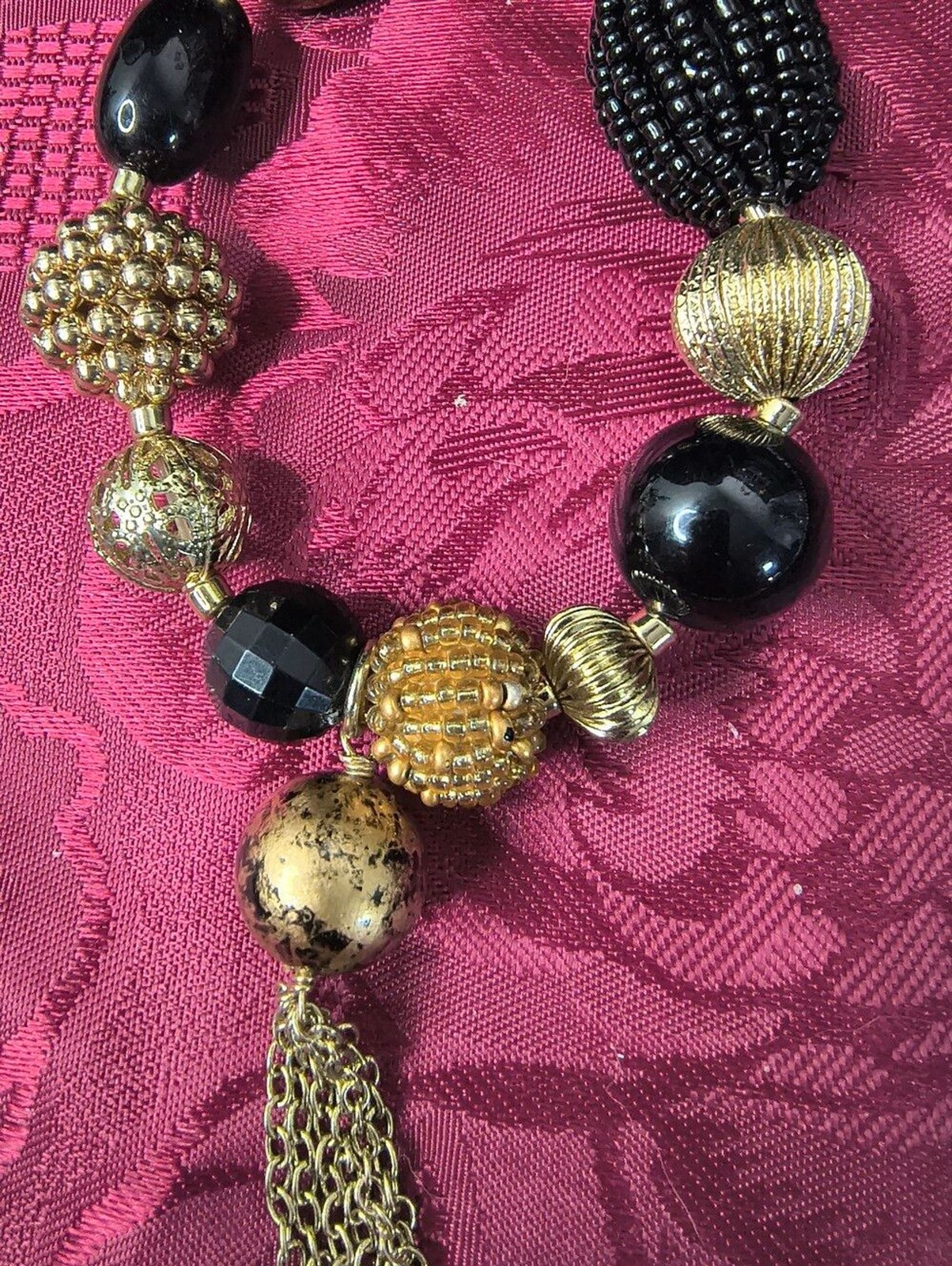 Boutique Black Gold Tone Beaded Bracelet 7″ Glass Acrylic Tassel Statement Boho