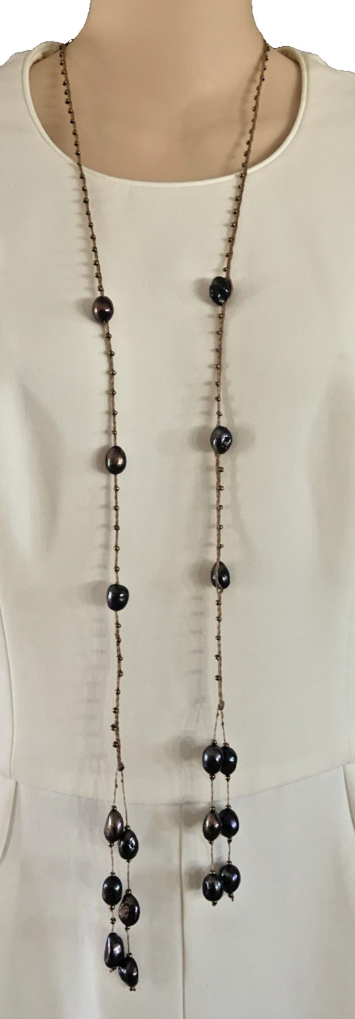 Beaded Iridescent Pearl Macrame Dangle Wrap Necklace