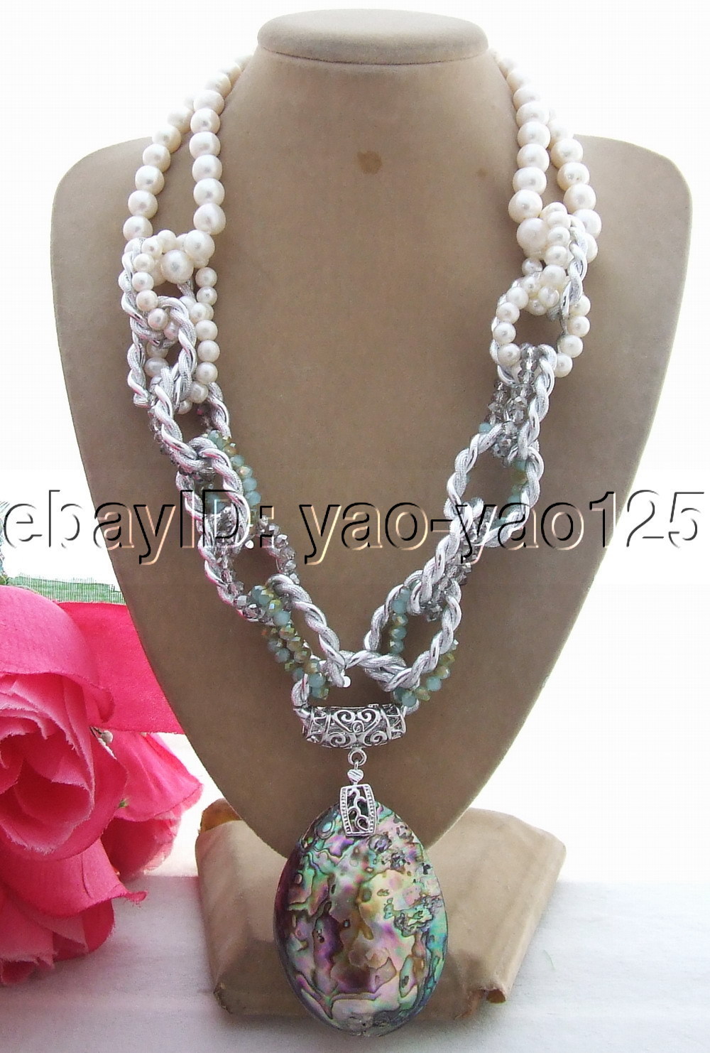White Pearl Abalone Shell Crystal Necklace Abalone Shell pendant necklace