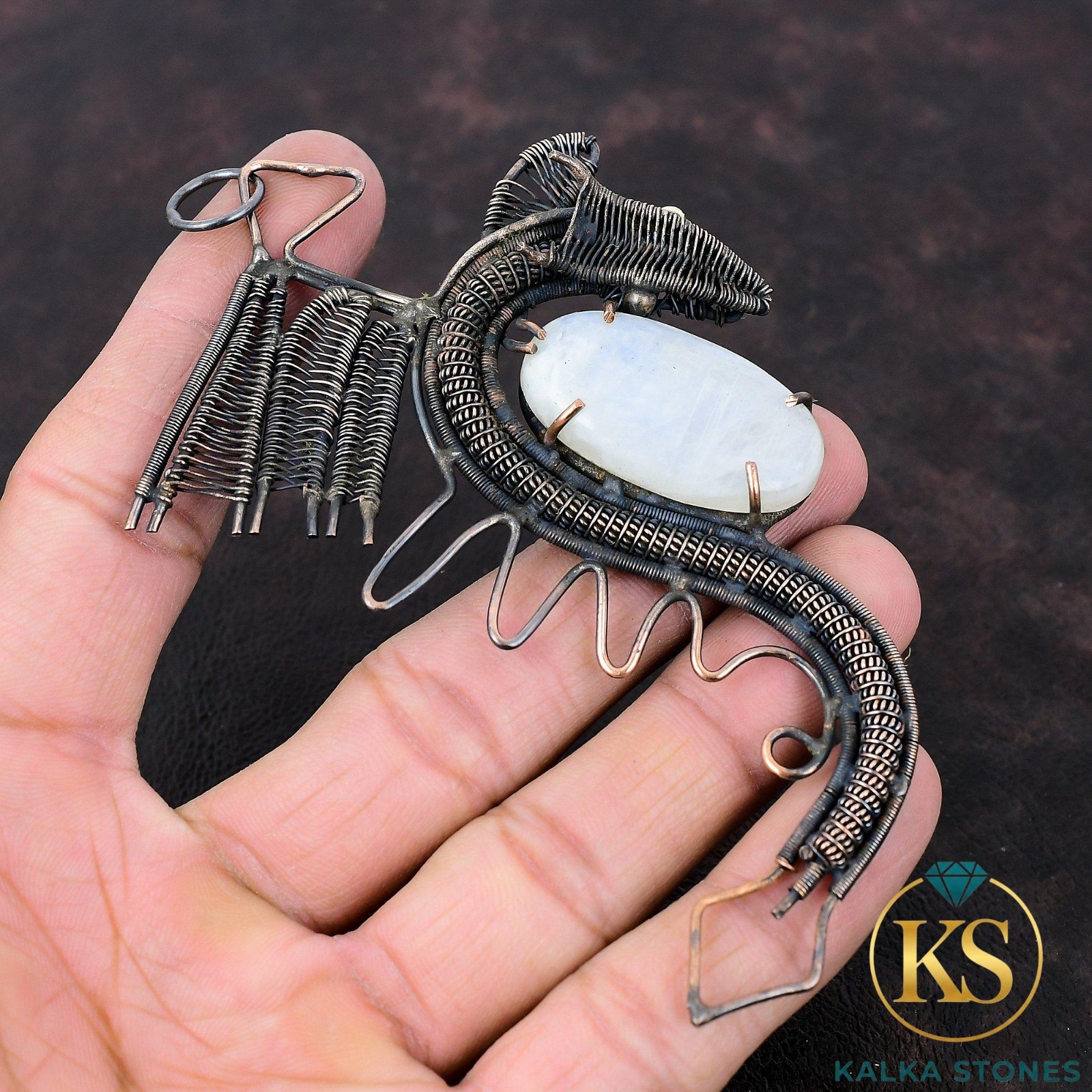 Oval Rainbow Moonstone Gemstone Wife Wire Wrapped Dragon Pendant Jewelry Copper
