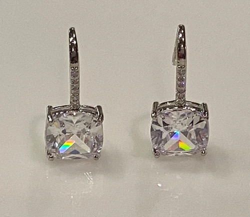 3CTW Simulated Diamond Cushion Drop Earrings 10k White Gold Plated Elegant Gift