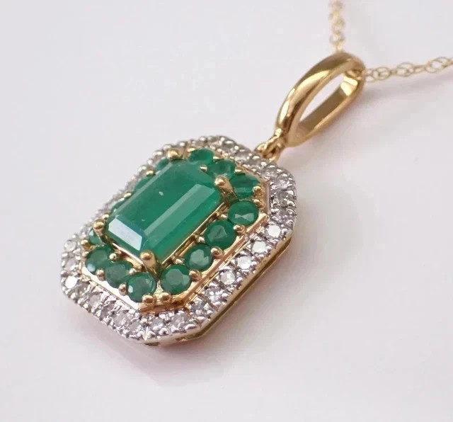 2.50Ct Emerald Cut Simulated Green Emerald Halo Pendant 14K Yellow Gold Plated